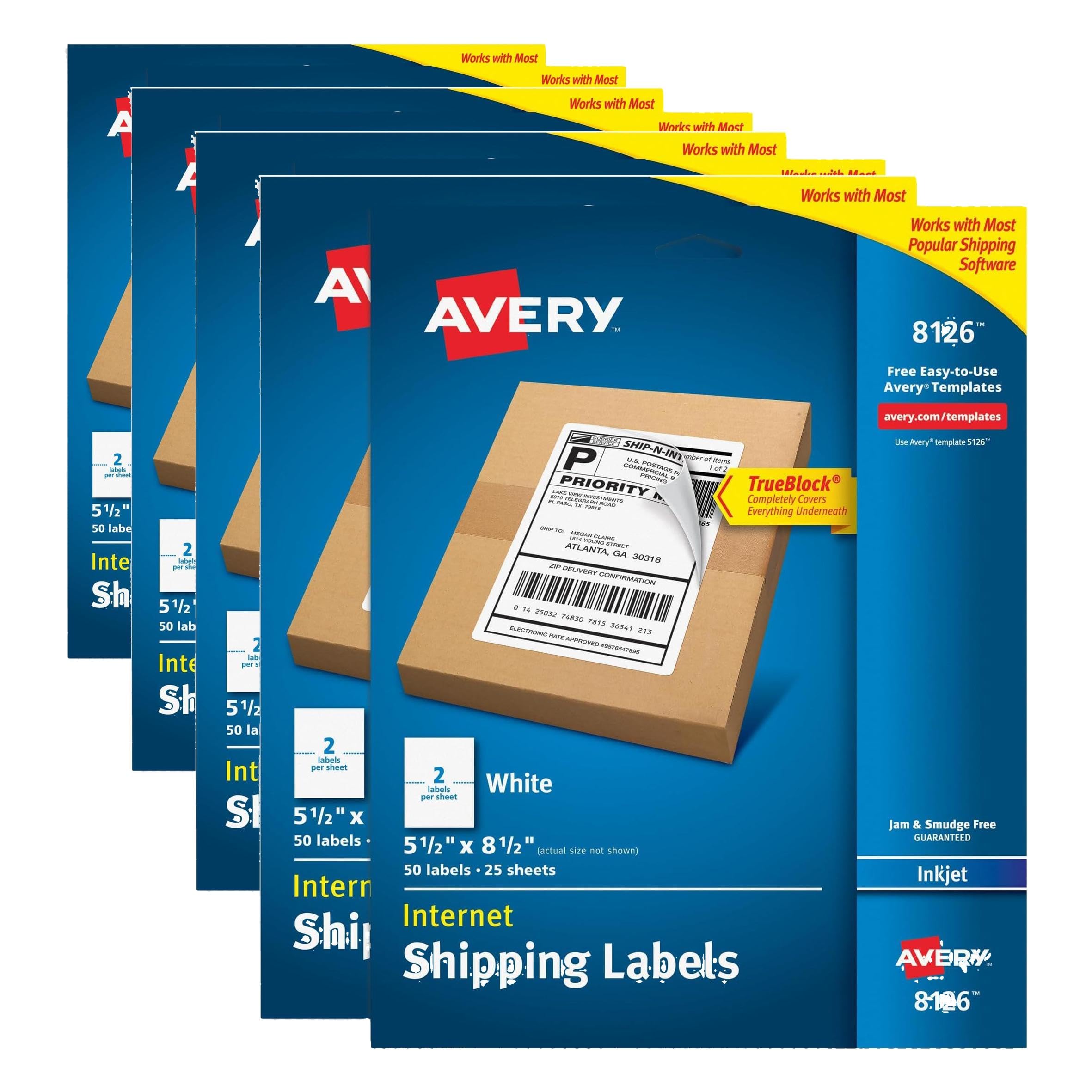 Avery Half-Sheet Printable Shipping Labels, 5.5" x 8.5" Customizable Stickers, White, 50 per Pack, 100 Blank Mailing Labels, Great for Mailing, Shipping, Organizing, and More,8126, 2 Count (Pack of 4)