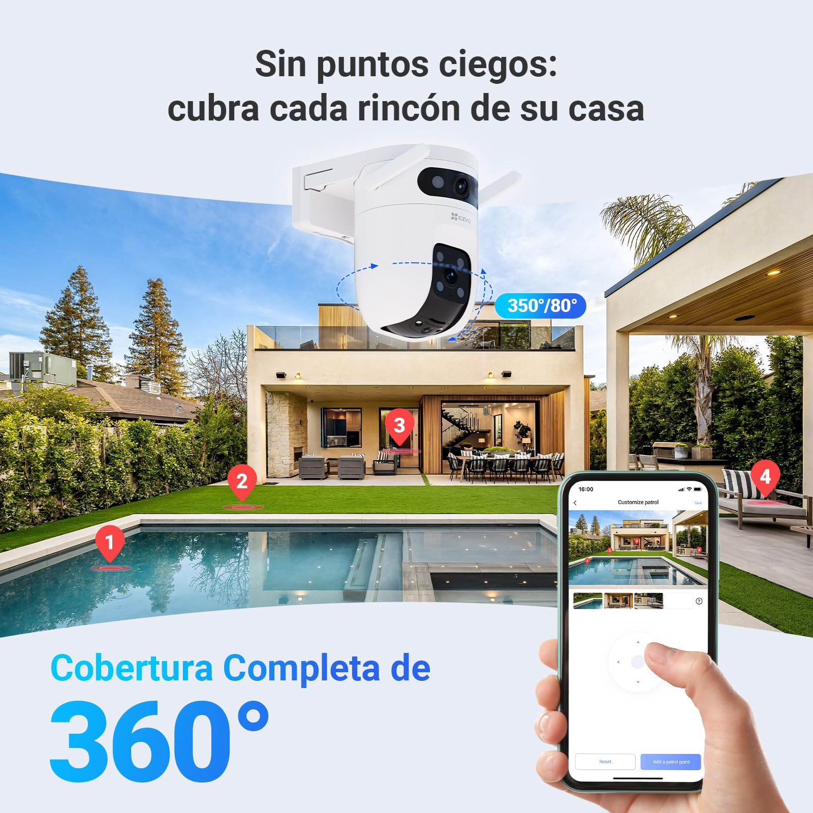 EZVIZ C9C Cámara de Vigilancia Exterior 2K con Doble Lente (3MP+3MP), Cobertura 360°, Visión Nocturna en Color, IA Detección de Personas y Vehículos, Audio Bidireccional, Compatible con Alexa