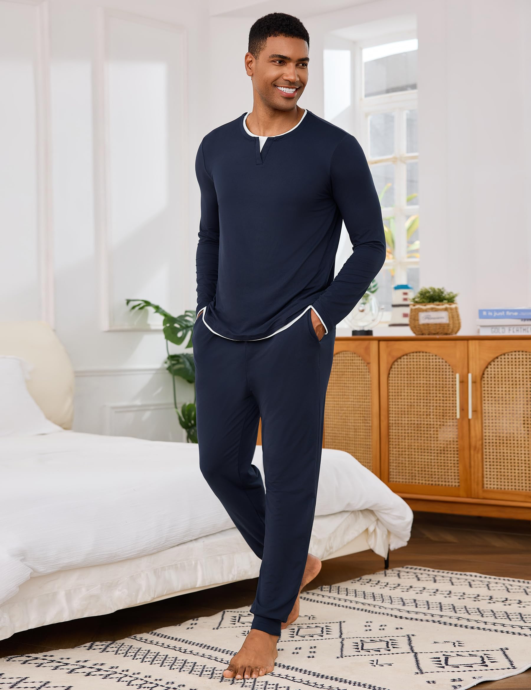 Jahetuul Pigiama Uomo Invernale Caldo Cotone Lungo Pigiami Due Pezzi da Uomo Maniche Lunghe Top con Design a Colletto Multistrato Lunghi Pantaloni con Tasche e Coulisse