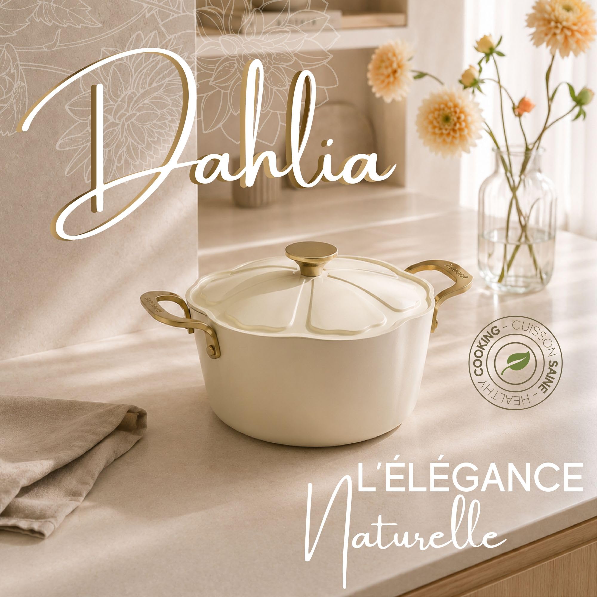 MENASTYL - Faitout 24cm Dahlia sans PFAS - Revêtement céramique antiadhésif crème - 98% d'aluminium recyclé - Tous feux dont induction et lave-vaisselle - Poignée rivetée en inox - 6020941