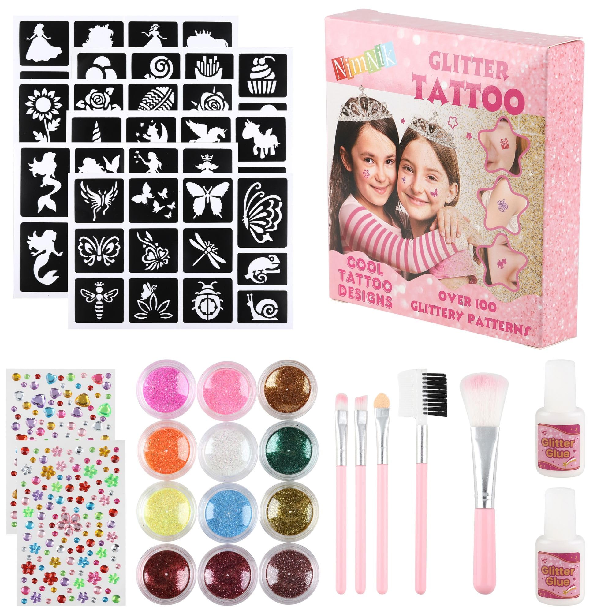 NimNik Girls Glitter Tattoo Kits – 100+ Temporary Glitter Tattoos for Girls 12 Colours Gems Brushes Glue – Birthday Gifts Waterproof Party Tattoo Kit