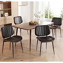 Dining Chairs Set of 4, Mid Century Modern Dining Room Chairs, Upholstered Faux Leather Kitchen Chairs with Walnut Bentwood Back and Metal Legs for Kitchen Dining Room Living Room, PU Black