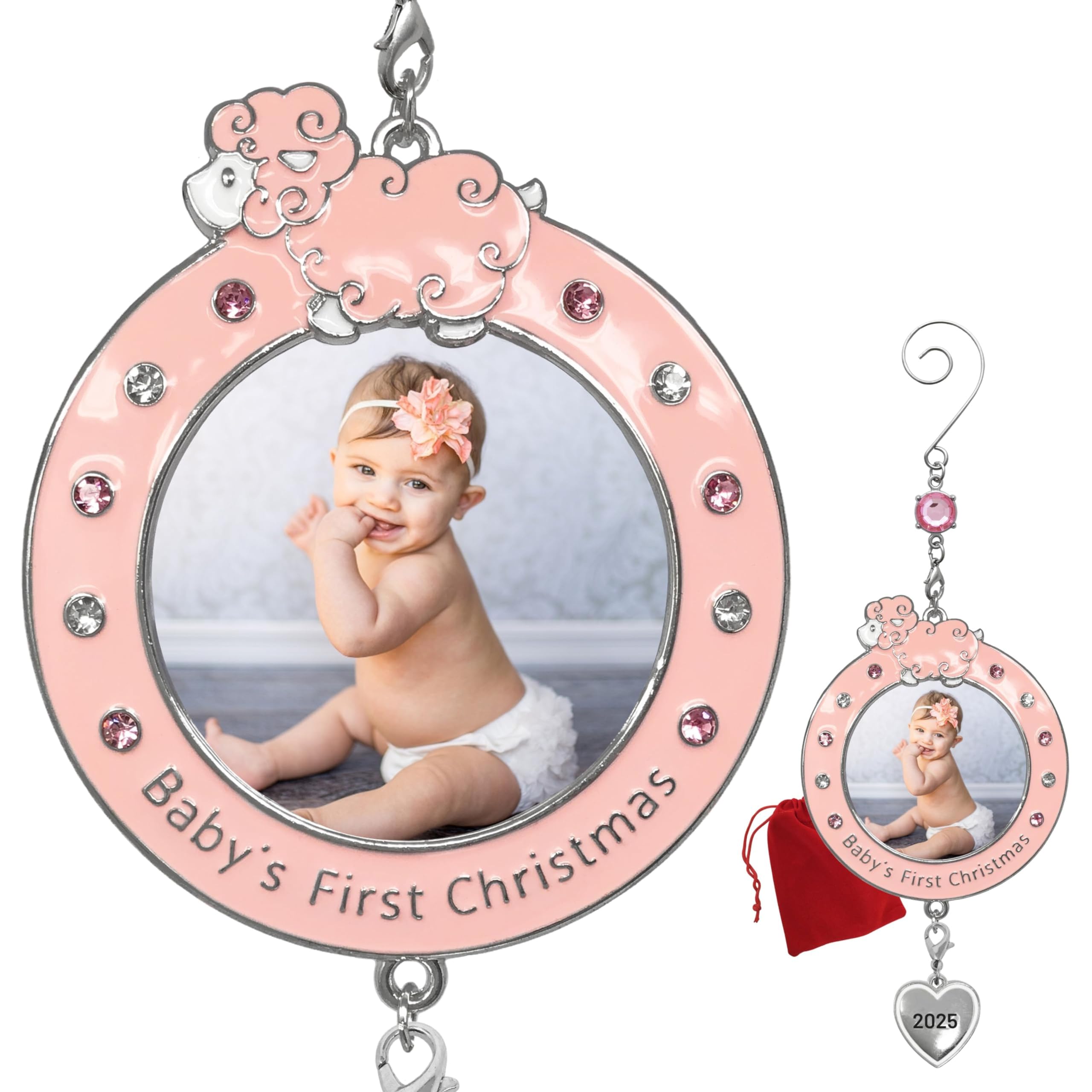 BANBERRY DESIGNS Photo Baby Girl's First Christmas Ornament - 2025 Dated Xmas Picture Decoration for Newborn Daughter - Baby's 1st Keepsake - Gift-Storage Bag Included
