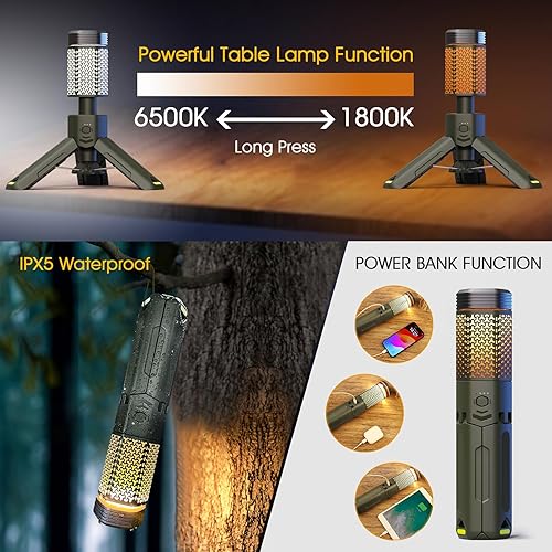 Miniatura 4 de Luces de campamento recargables, telescópicas al aire libre plegables con 2 fuentes de luz, iluminación móvil, batería de 10500 mAh, luz de flash y