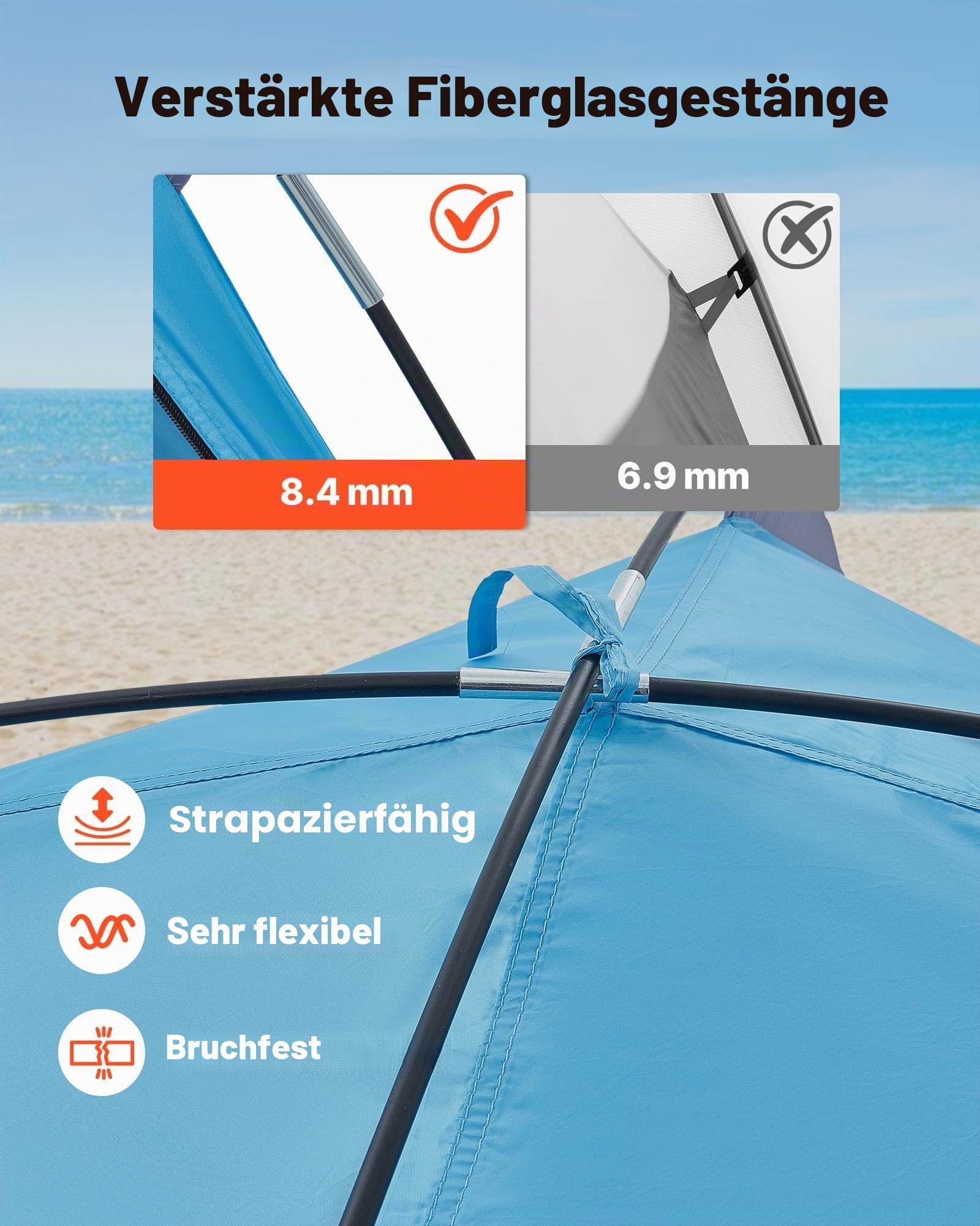 VEVOR Strandmuschel Sonnenschutz für 3 Personen, UPF 50+ Schutz, Tragbares Strandzelt mit Tragetasche & Bodenverankerungen, Leichter Strandsonnenschirm für Camping Angeln Picknick, Sonnenzelt