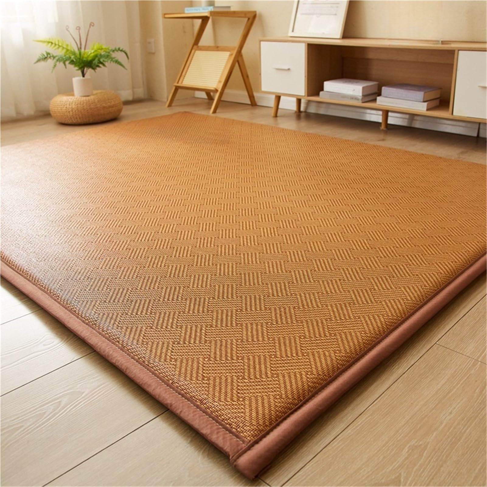 Tatami Giapponese In Fibra Naturale - Stuoia Intrecciata Di Rattan Antiscivolo - Materasso Futon Fresco e Traspirante - Tappeto Reversibile per Interni, Soggiorno e Camera Da Letto(Brown A,150 x 200 c