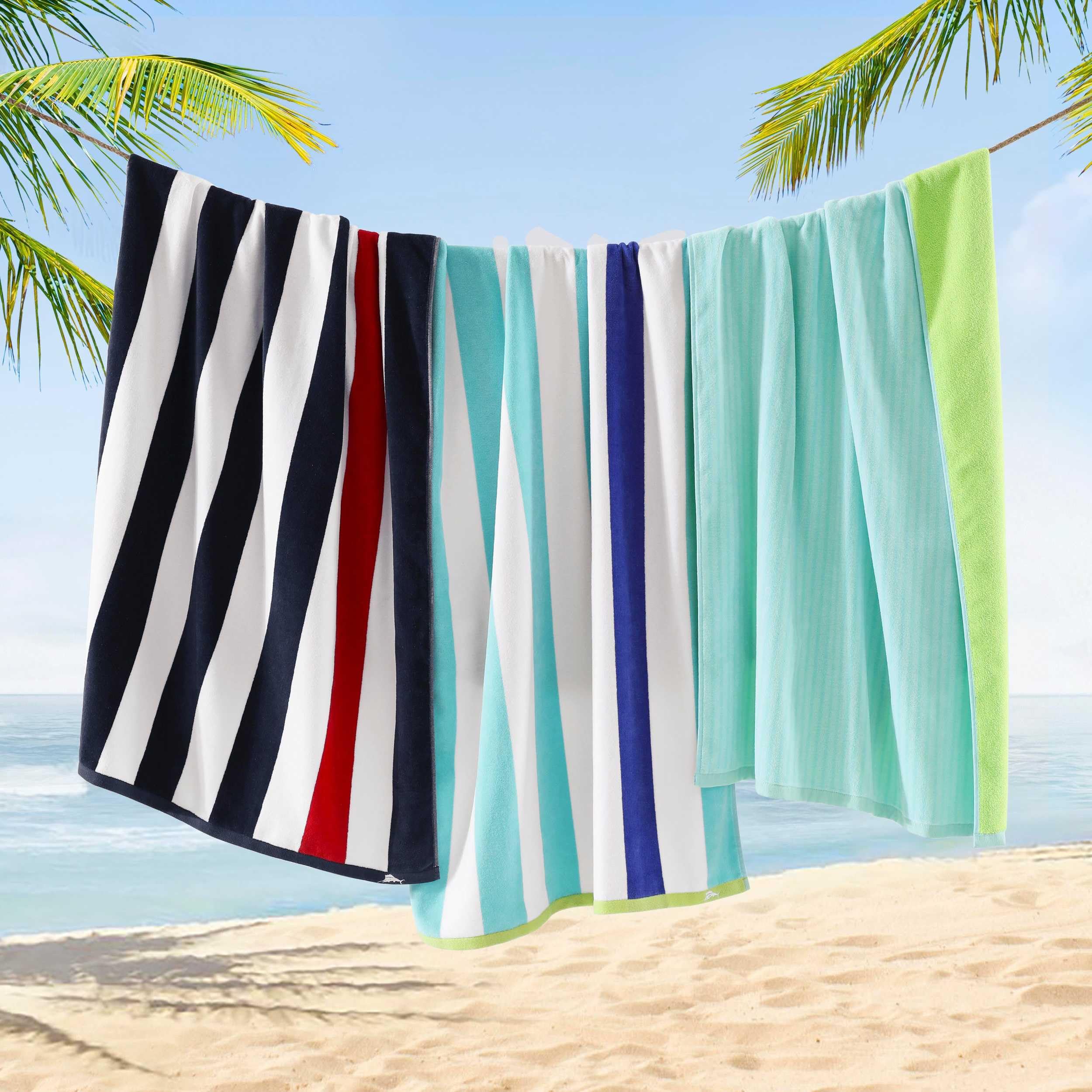Tommy Bahama Strandtücher, übergroß, garngefärbtes Baumwoll-Velours-Handtuch, weich und saugfähig, Küstenstreifen, Pool- und Strandtuch, Marineblau/Rot, 2 Stück