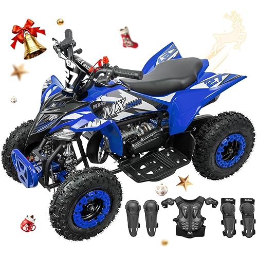 Kids Gas 4 Wheeler 49cc ATV with Full Safety Gear - Pull Start, Knee Pads, Wrist Guards, Chest Protector, Blue