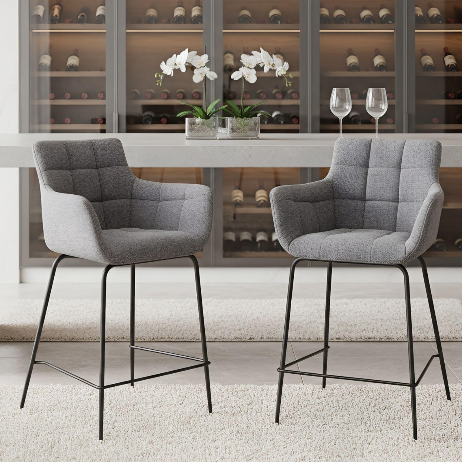 chairus Juego de 2 Taburetes de Bar Tapizado en Tejido de Toalla Banqueta para Isla de Cocina con Asiento Ancho, Sillas Altas Modernas con Brazos para Cocina, Gris