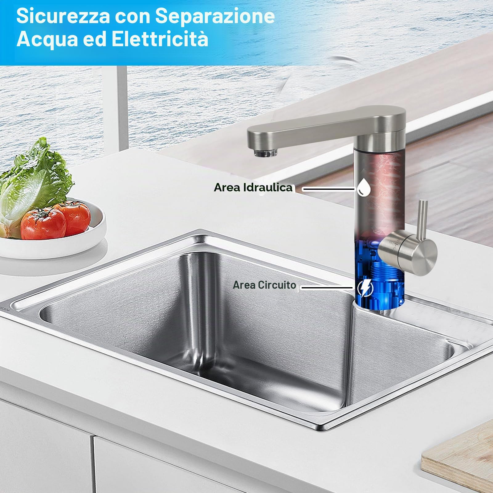 Rubinetto elettrico con scaldabagno, temperatura regolabile da 30 a 55 °C, 230 V, in acciaio inox, per cucina