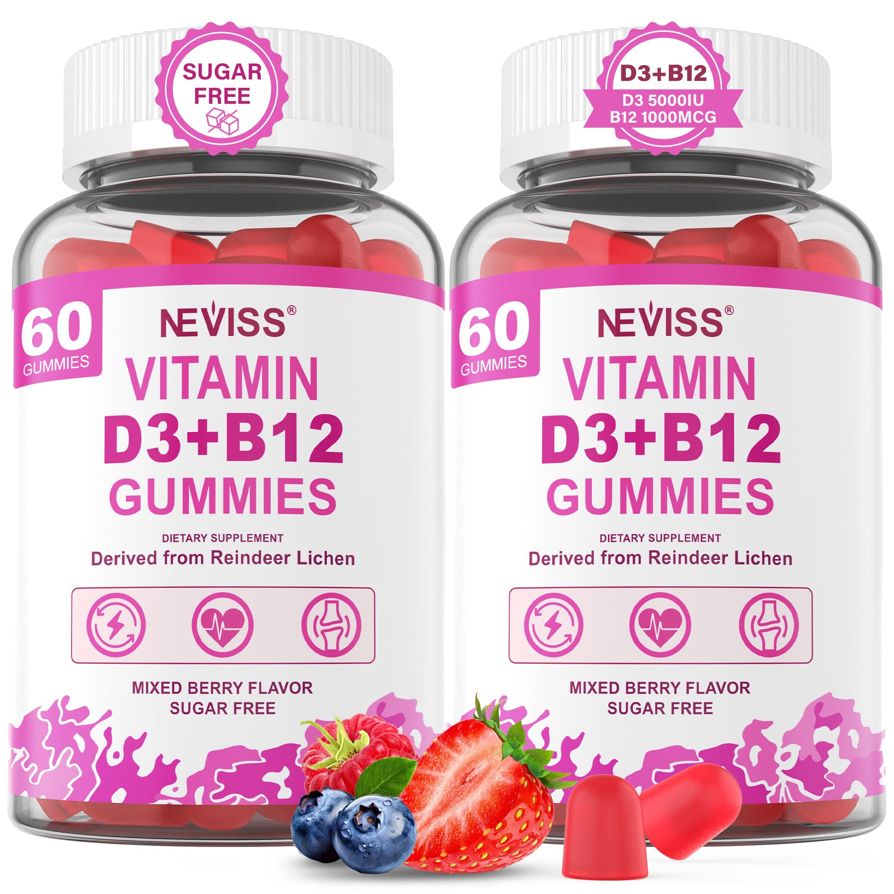 NEVISS Vegan Vitamin D3 5000IU + Vitamin B12 Gummies for Women Men, 120Ct