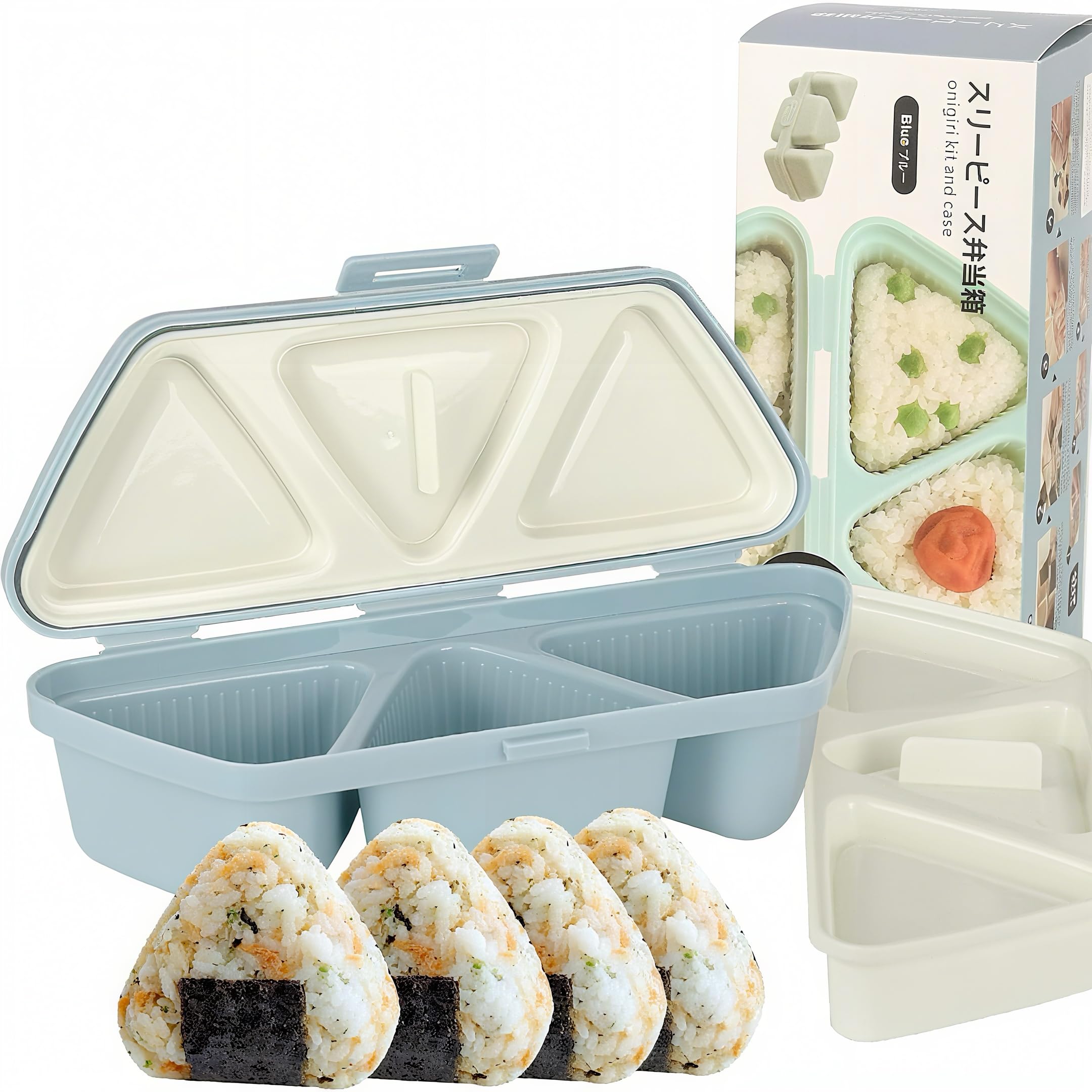 6 in 1 Onigiri Mold for Making and Storing Sushi,Non-Stick Rice Ball Mold for Seaweed Cilantro Rice Balls,Triangle Sushi (Blue)