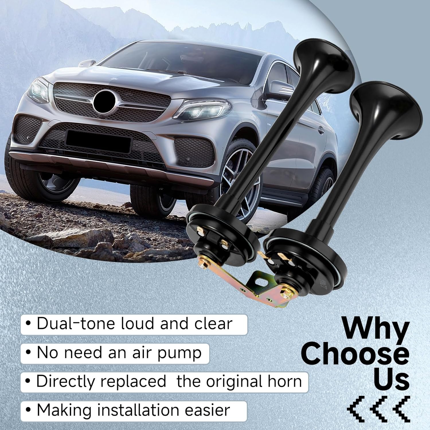 FARBIN Train Horns 12V Electric Truck Horn Loud Dual Car Horns with Bracket for Semi Truck Pickup SUV Boat (Black with Harness and Button)