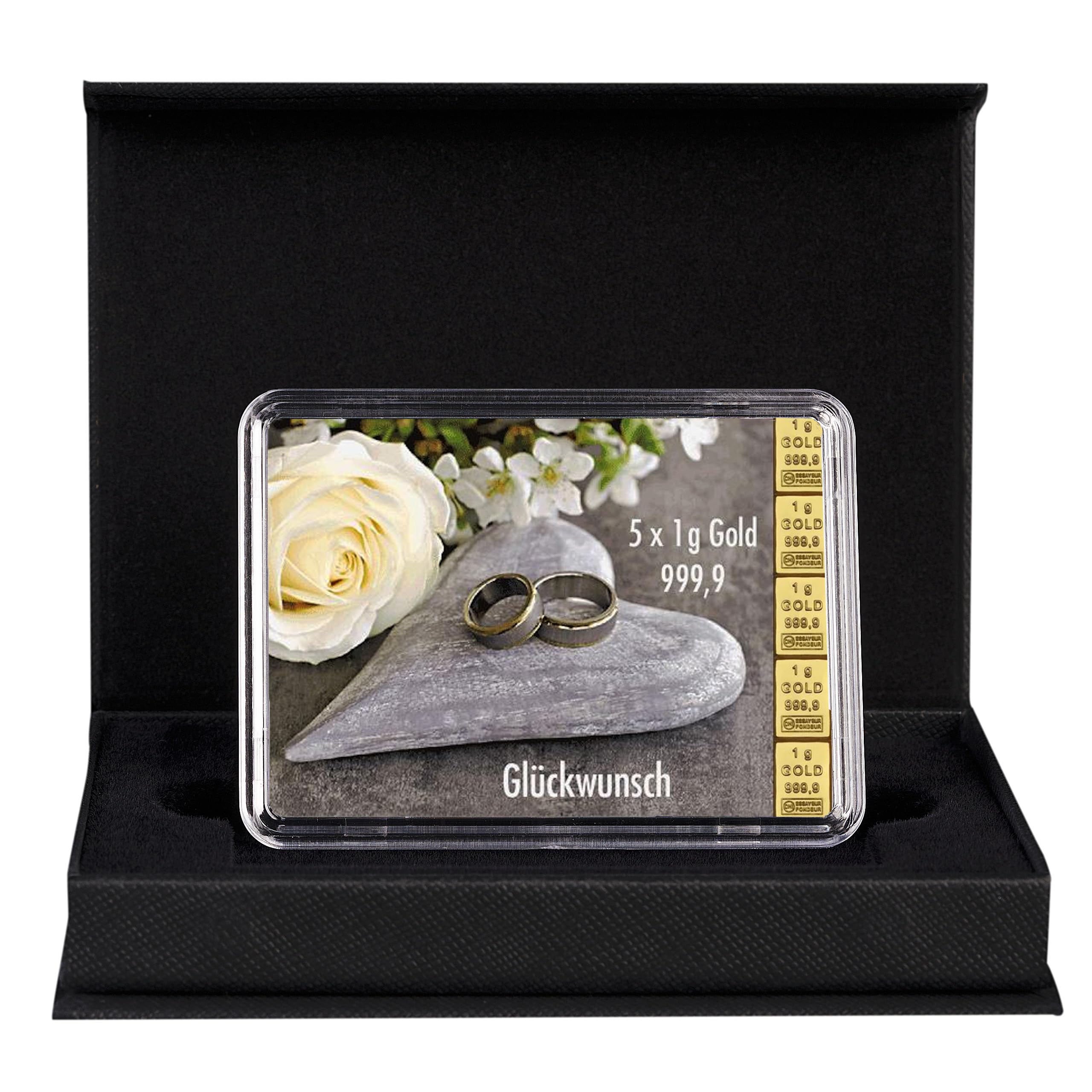 Goldstücke24 - Geschenk zur Hochzeit Herzlichen Glückwunsch zur Hochzeit Goldbarren 5g in schwarzer Geschenkbox - Tolle Geschenkidee