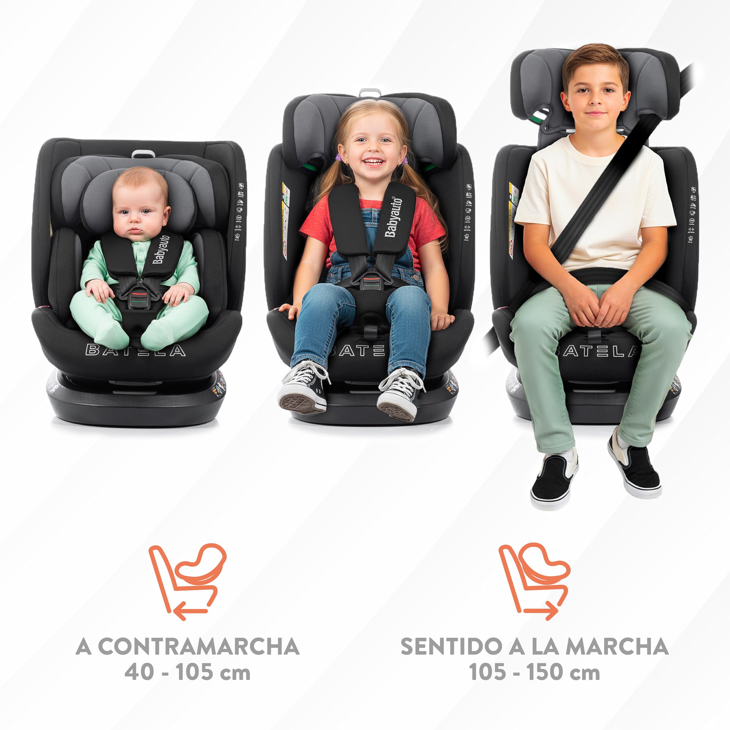 BABYAUTO – Silla de Coche Batela iFix i-Size (0-12 Años, 40-150 cm, 0-36 kg) – Giratoria 360° – ISOFIX + Top Tether – A Contramarcha hasta 105 cm – Arnés 5 Puntos – Protección Lateral – Gris