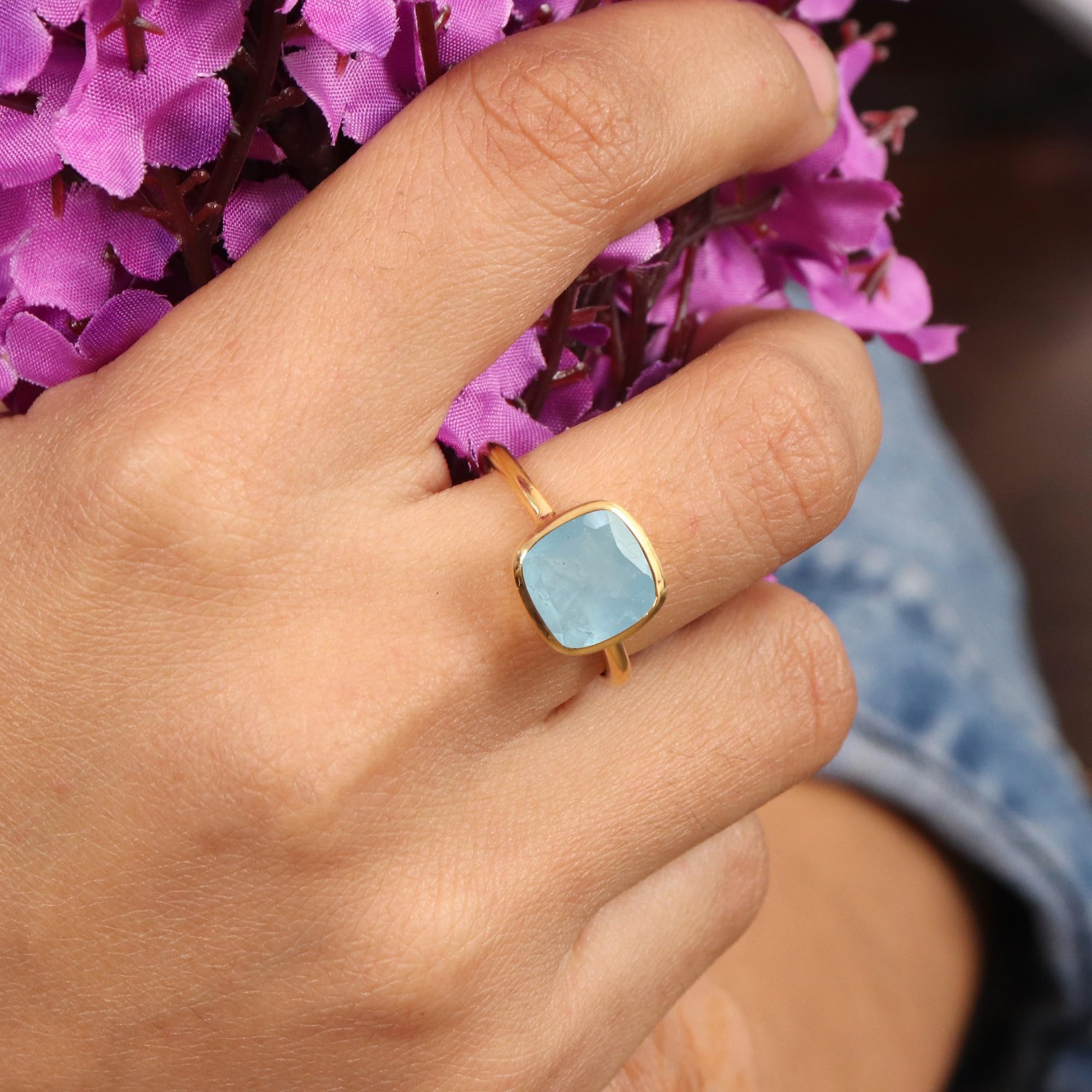 Anello da uomo, con acquamarina, anello in argento, anello in oro, anello da uomo, 10 mm, con pietra preziosa acquamarina quadrata per lui, anello minimalista