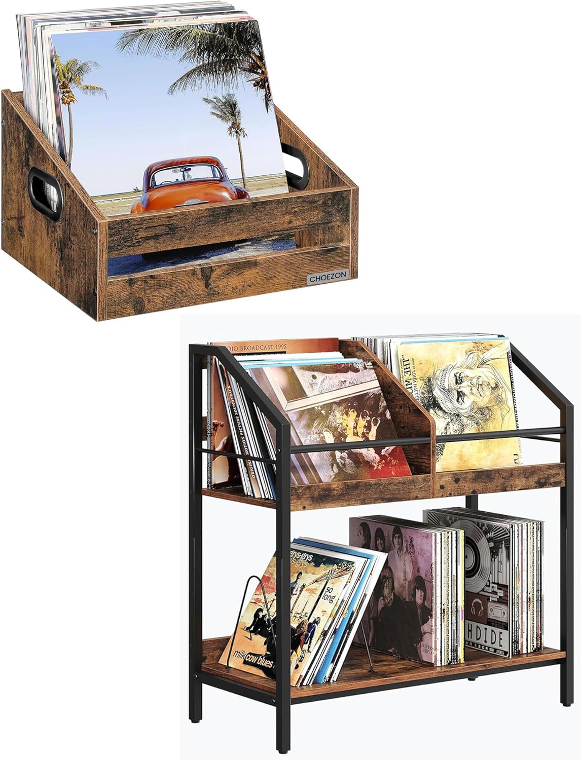 Amazon.com: CHOEZON 2-Tier Vinyl Record Storage Holder Rack, Wooden ...