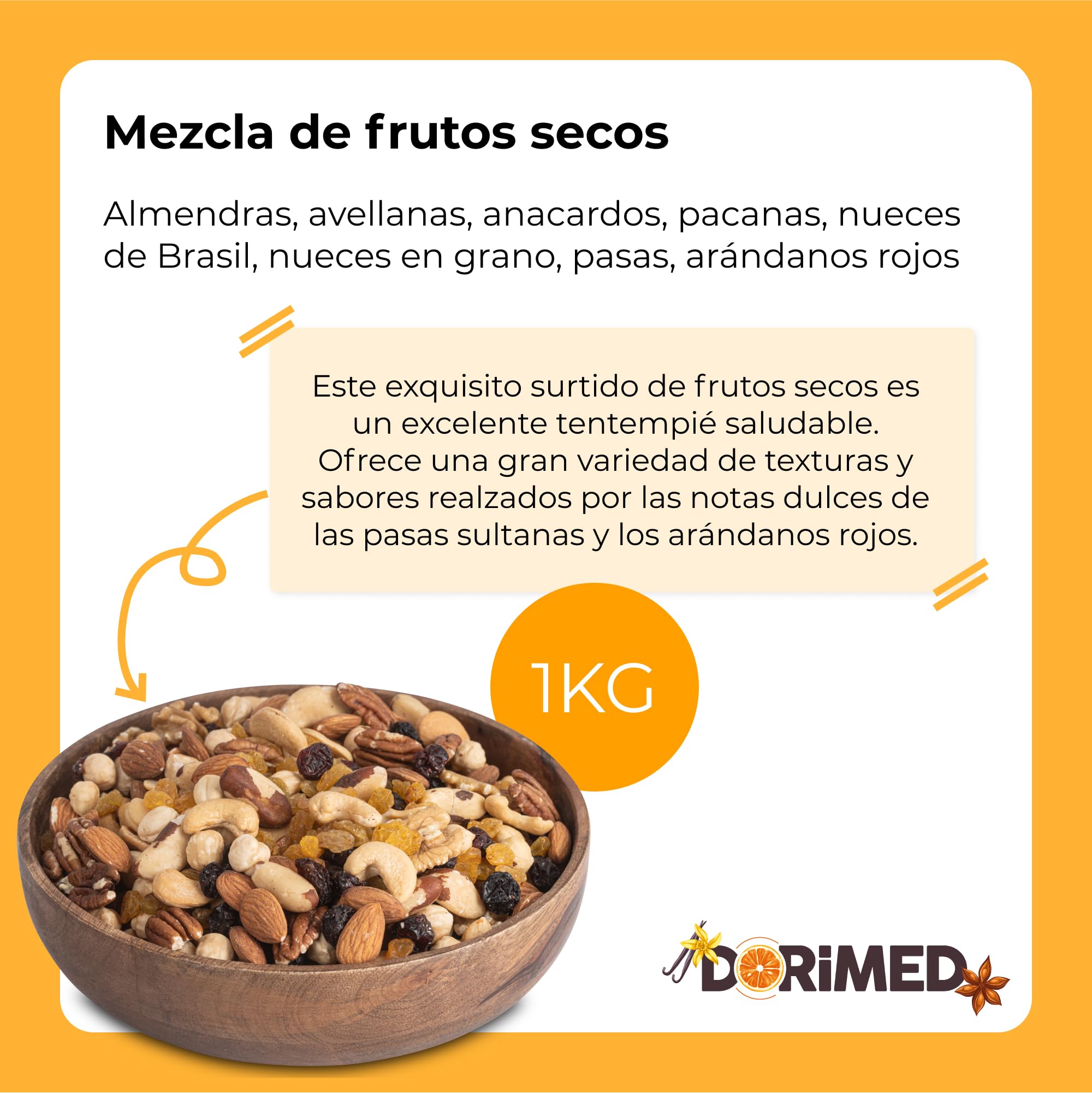 Mezcla de Frutos Secos 1 Kg I Nueces Mixtas y Pasas | Snack Variado | Primera Calidad | Deshidratados, Crudos y Enteros | Mix de Frutos Secos 100% Naturales I vegetariano y vegano I no GMO I Dorimed