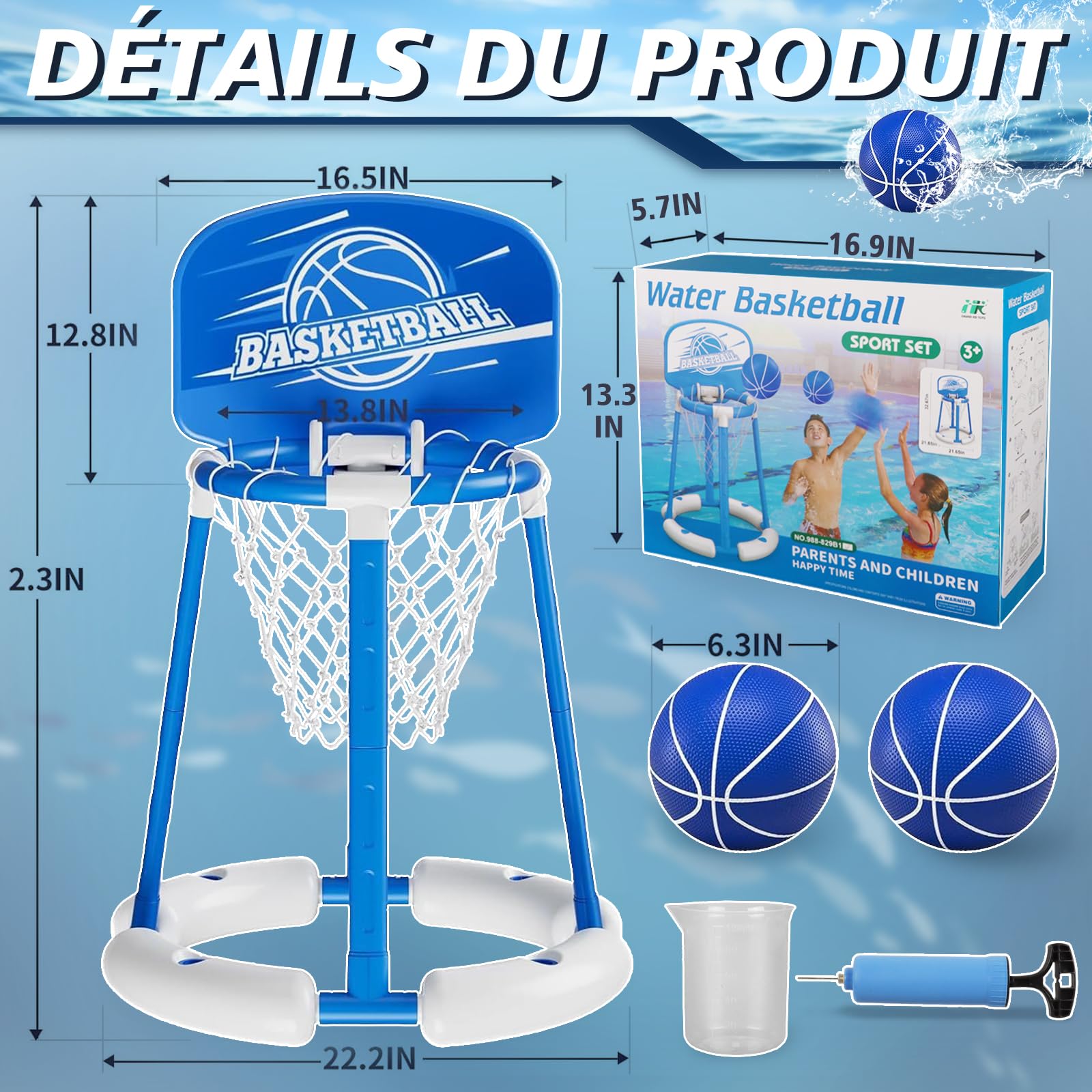 Charmofun Panier de basket-ball pour piscine, avec 2 ballons de basket et pompe à air, jeux d'eau flottants pour enfants et adultes