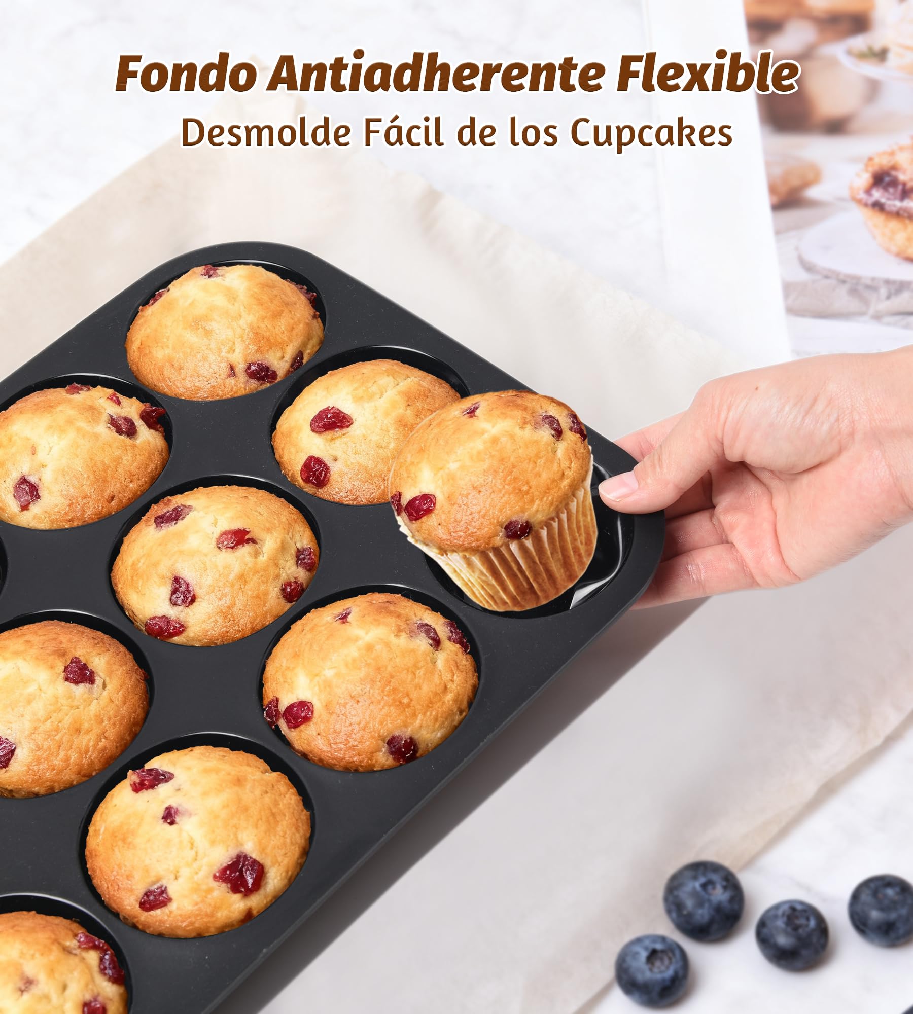 Ankway Molde Magdalenas para 12 Magdalenas, Bandejas para Hornear Muffin con marco de metal para Muffins, Cupcake, Brownie, Pudín, Reutilizables Negro