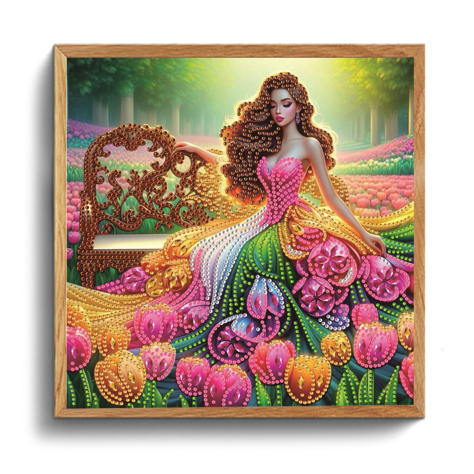 Tulip Garden Beaded Lady 5D DIY Diamond Painting Kit Partial Drill for Adults & Beginners 11.81x11.81inch Home Decor Gem Art