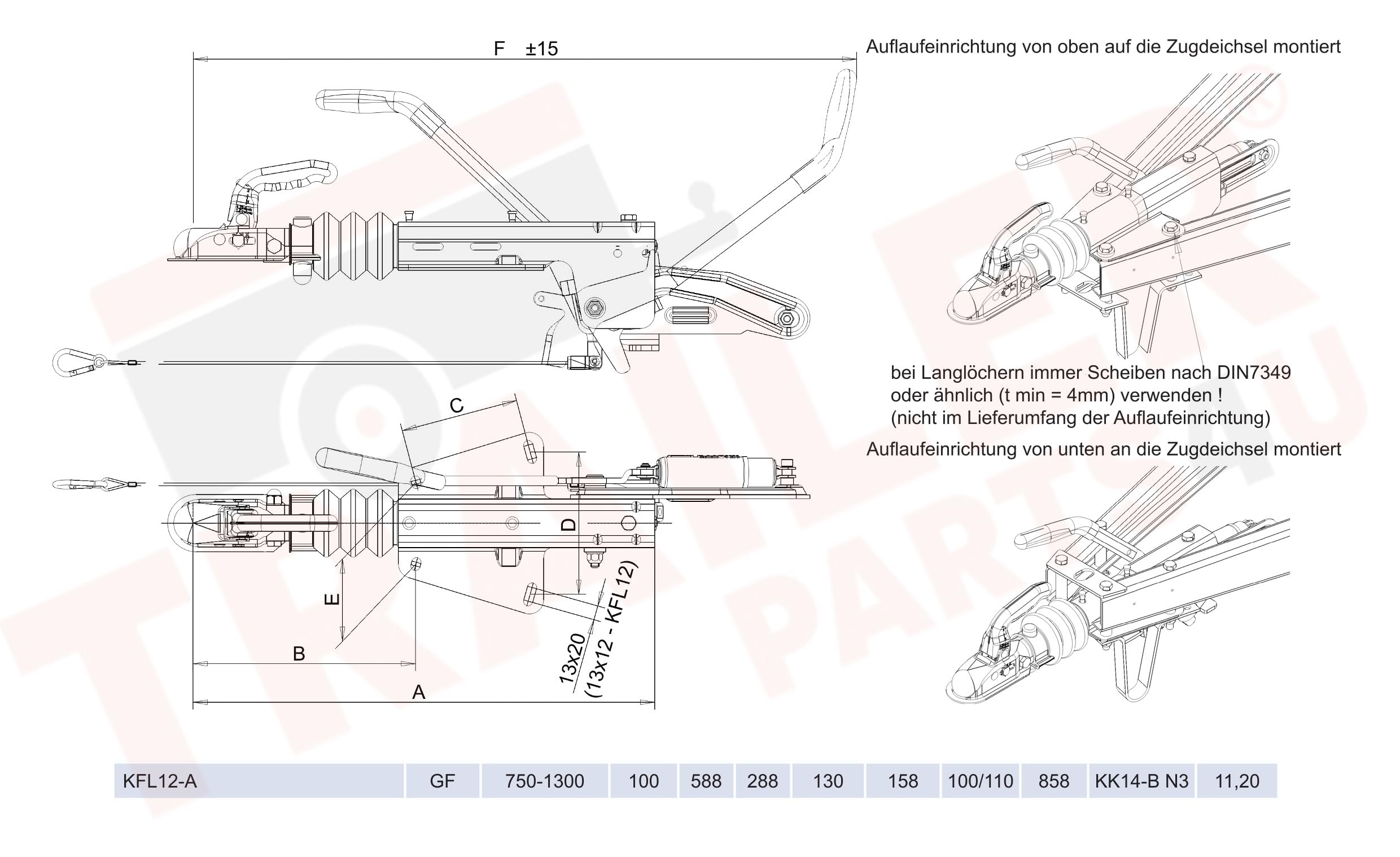Knott KFL 12 A Remolque de Automóviles Freno 750-1300 kg Acoplamiento de Inercia de Construcción Ligera sin Consola de Rueda de Soporte