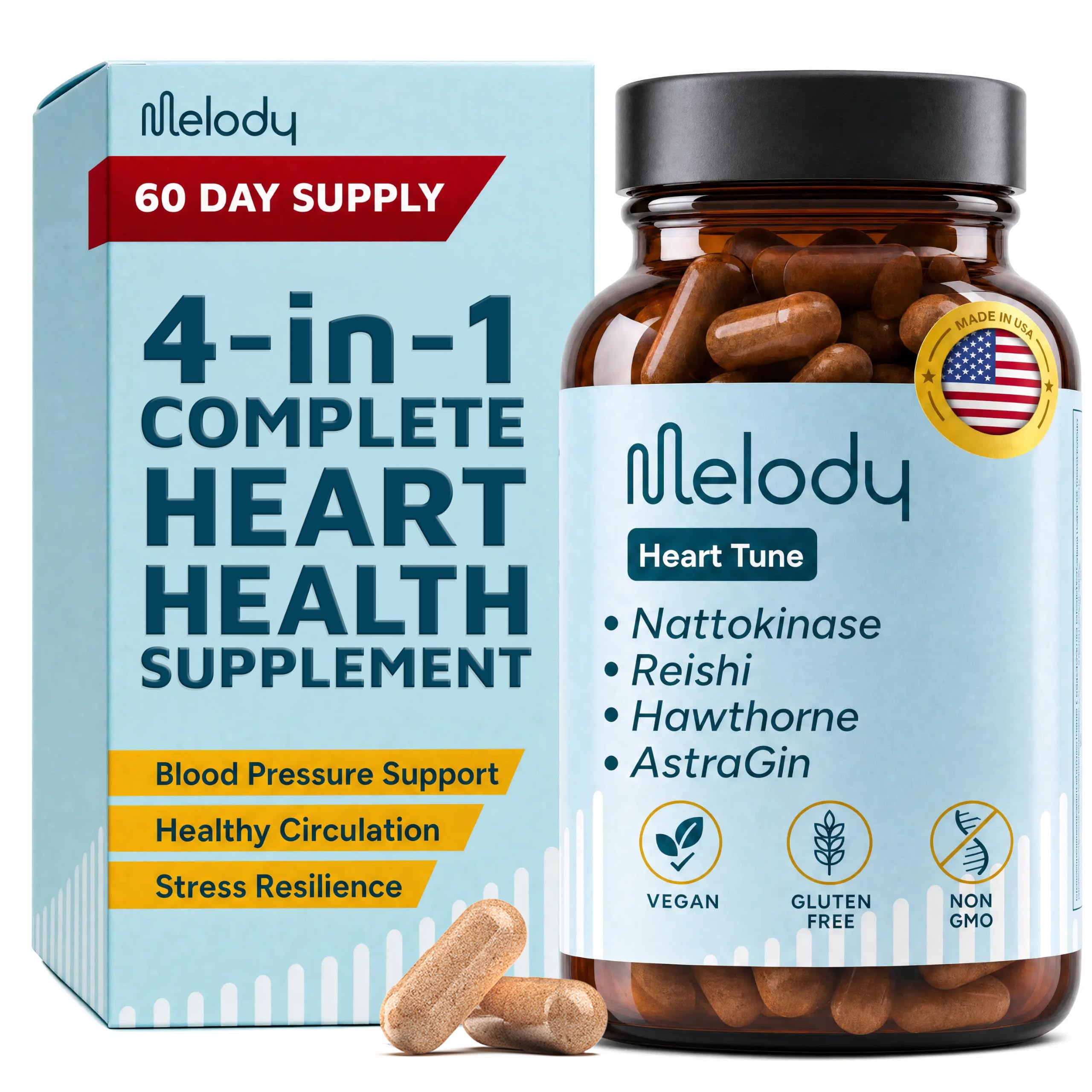 Melody Heart Health Supplements, 4 in 1 Blood Pressure Support, 60 Caps
