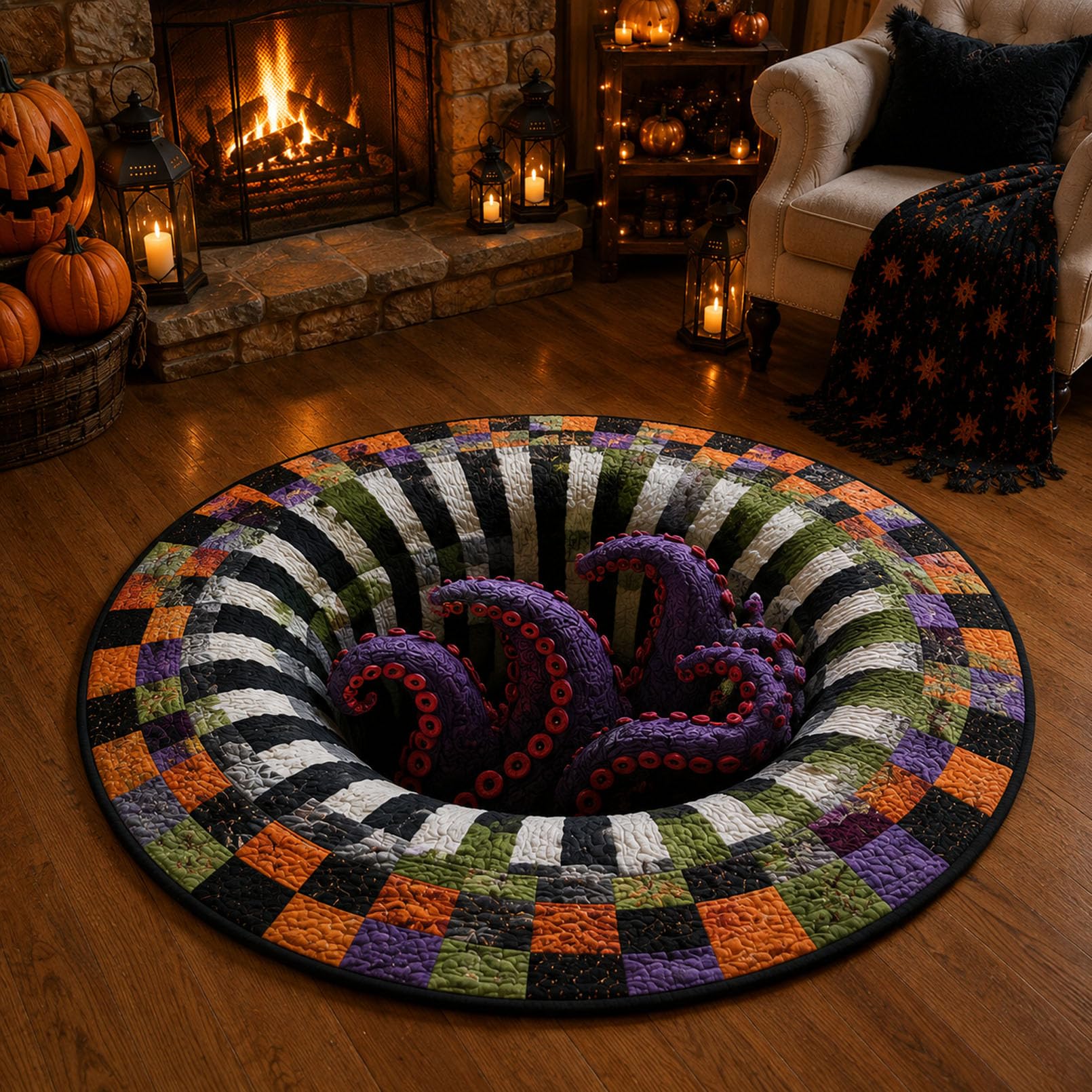 pluffy 3D Optical Illusion Haunted Staircase Round Rug, 3d Halloween Optical Illusion Rug, Ghost Quilted Carpet Skeleton Pumpkin Home Decor For Living Room Door Indoor Party (J,100cm)