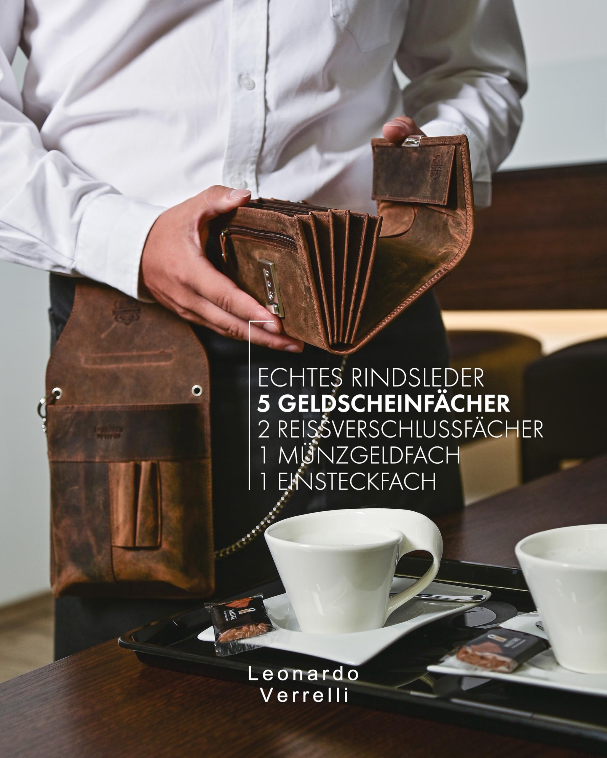 Cartera de camarero de piel | Monedero para gastronomía con trabilla para cinturón | Monedero para operaciones hombre y mujer, marrón, 28x14, Clásico