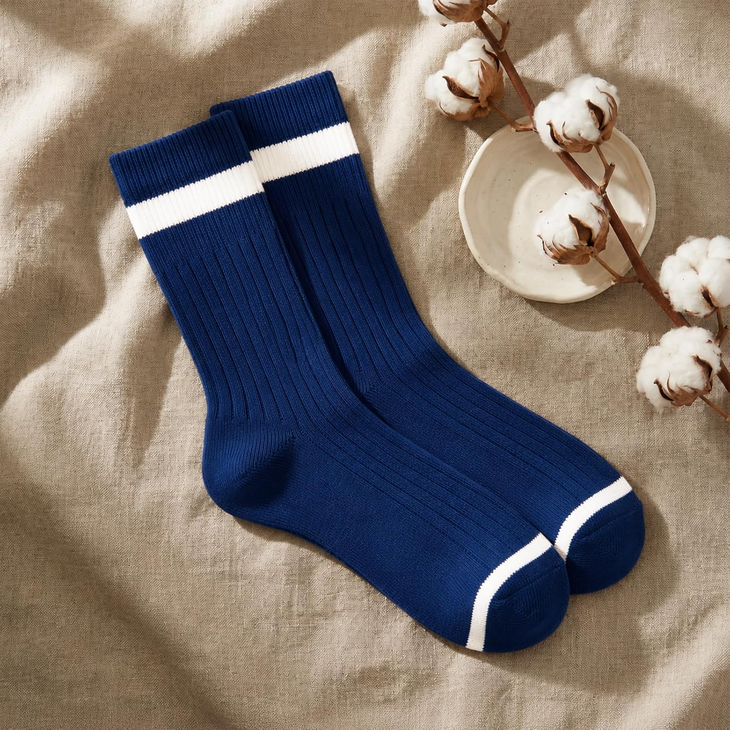 WANDER Classic Retro Stripe Calf Socks for Men & Women - Breathable, Ribbed Cuff, Combed Cotton Crew Socks 3-Pack 7-10