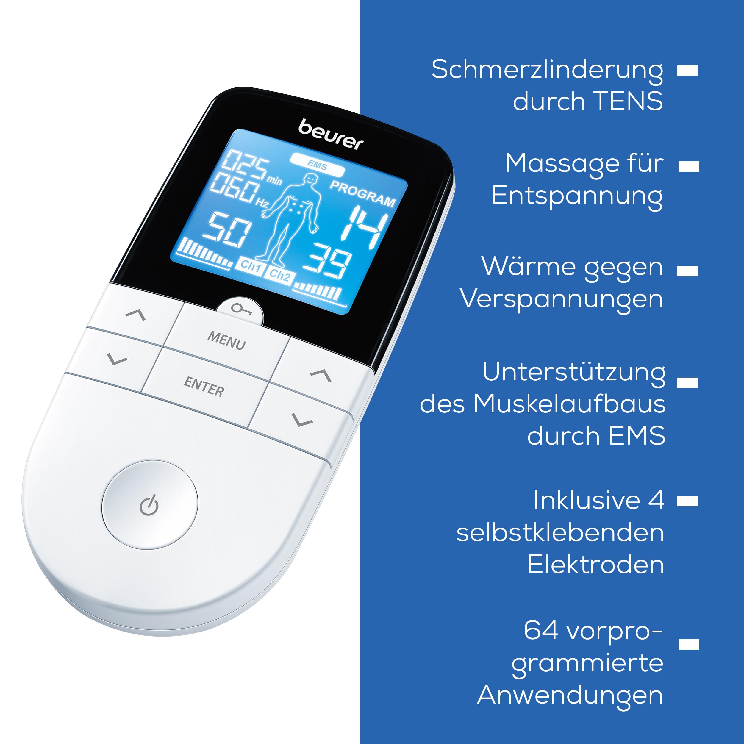 Beurer EM 49 Digital TENS/EMS, 3-in-1 Reizstromgerät, elektrische Nervenstimulation zur Schmerzlinderung und Muskelstimulation, Massagefunktion, inklusive Nachkaufset bestehend aus 8 Elektroden