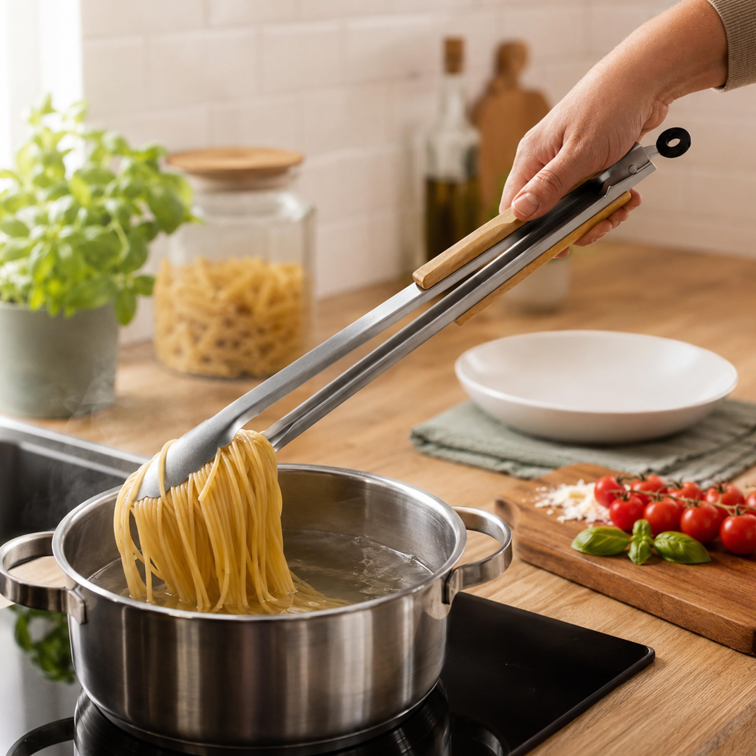 Relaxdays 10x Pinza da Barbecue, Acciaio Inox e Manico in Legno, Accessori Griglia e Cucina, Lunga 38 cm, Argentato Marrone