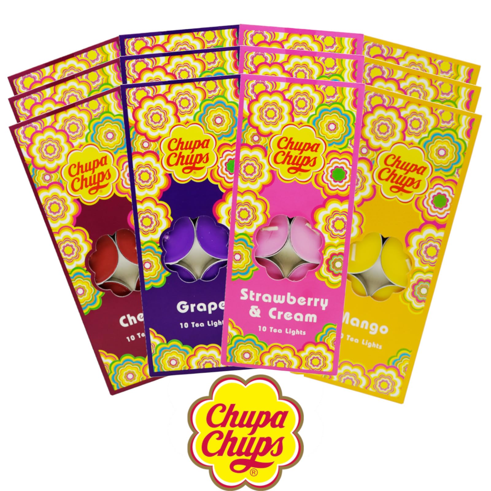 Chupa Chups Multicoloured Scented Tea Lights, 12 Packs, 4 Fruity Fragrances