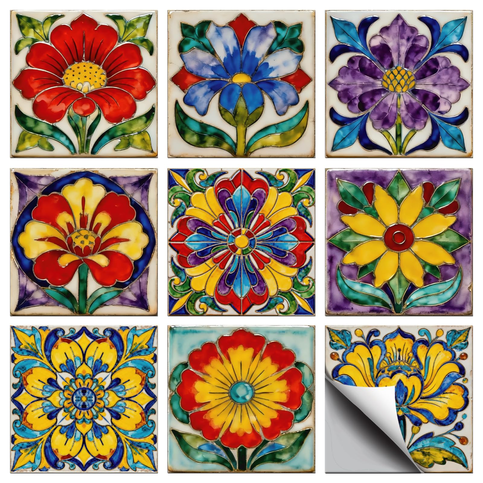 CHGCRAFT 36 Pcs 9 Styles 3D Embossed Colourful Art Floral Mosaic Tile Stickers Waterproof Self Adhesive Decals, for Kitchen Bathroom Wall Art Decor 4x4 Inch