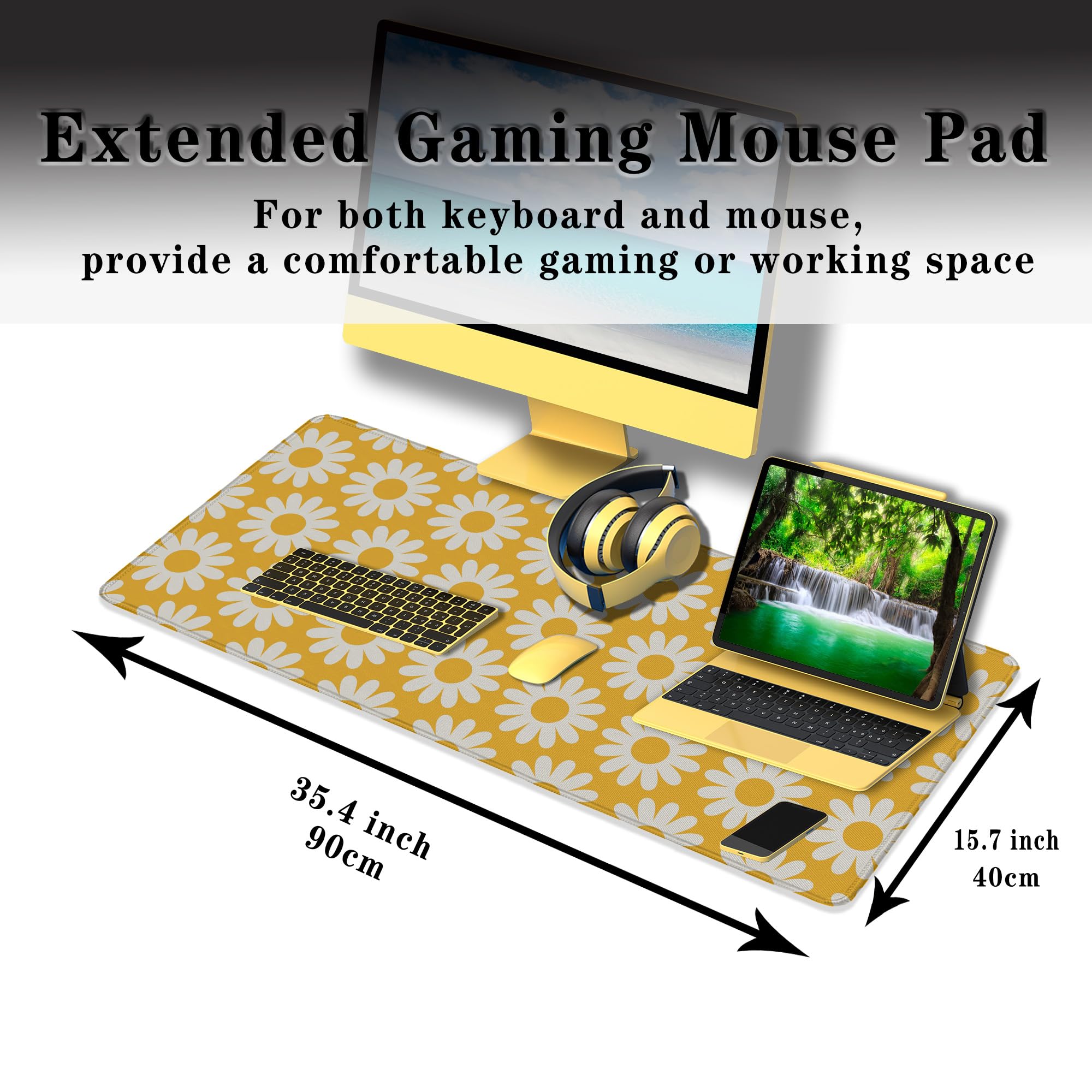 Tapete de escritorio para computadora, color amarillo, alfombrilla de mouse grande para juegos, teclado y mouse, base de goma antideslizante, impermeable con bordes cosidos, 35.4 x 15.7