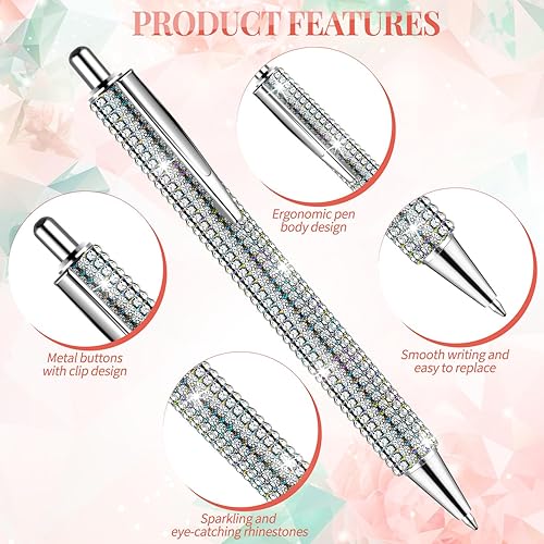 Miniatura 2 de Bolígrafos brillantes para diamantes de imitación, 4 bolígrafos plateados brillantes con 8 repuestos retráctiles de tinta negra para suministros