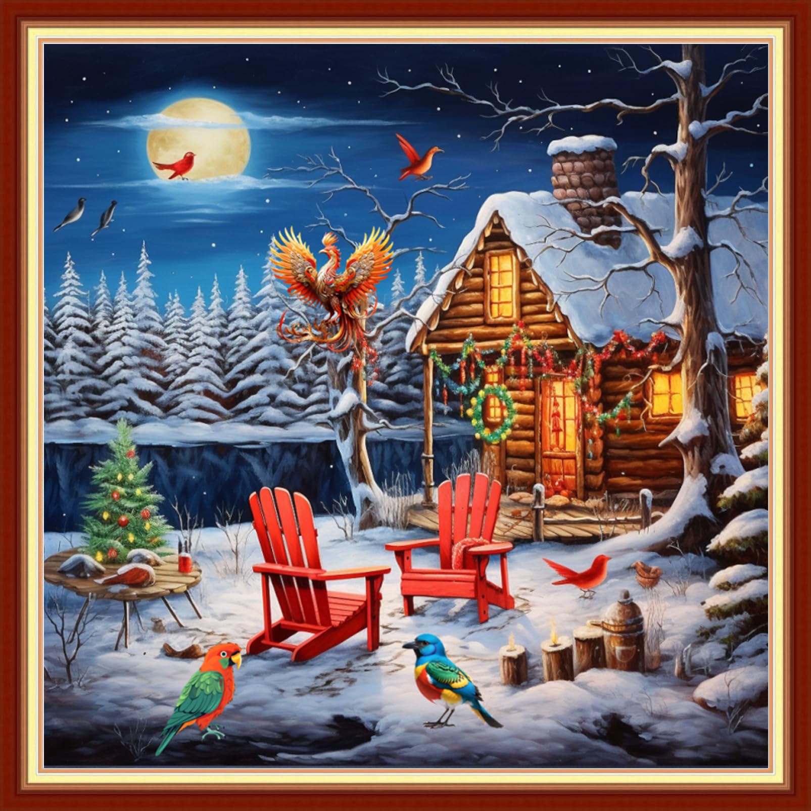 Foxdiviy Stamped Cross Stitch Kits Full Range of Embroidery Needlework Starter Kits for Beginners Adults 11CT Embroidery Patterns Art Crafts DIY Needlepoint Kits-Snowy Night 18x18 inch