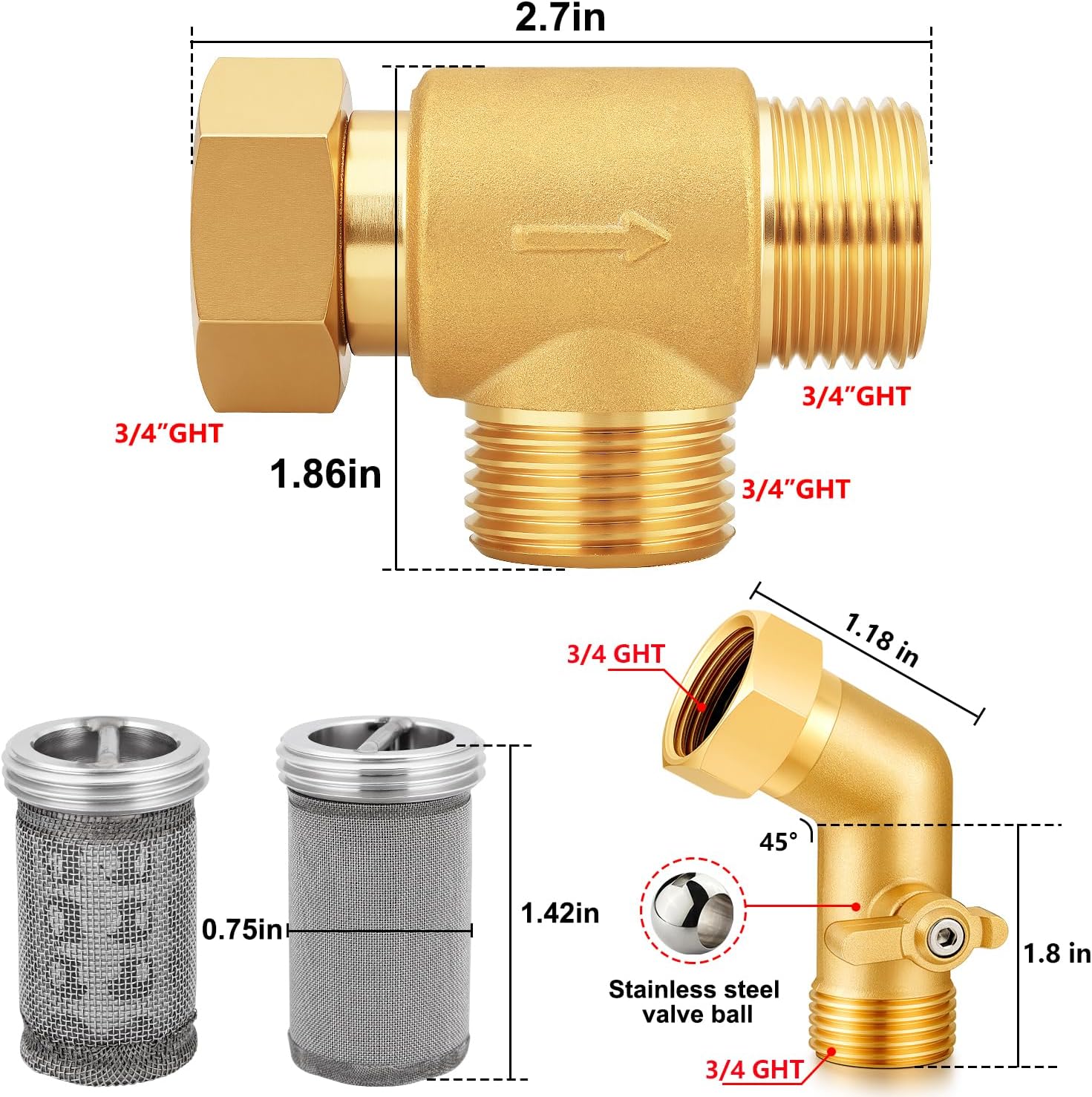 Garden Hose Filter Attachment with 100 Mesh and 40 Mesh Stainless Steel Screen,Brass Filter Pressure Washer Inlet for RV Camping Car Wash Rainwater Filtration (with Valve)