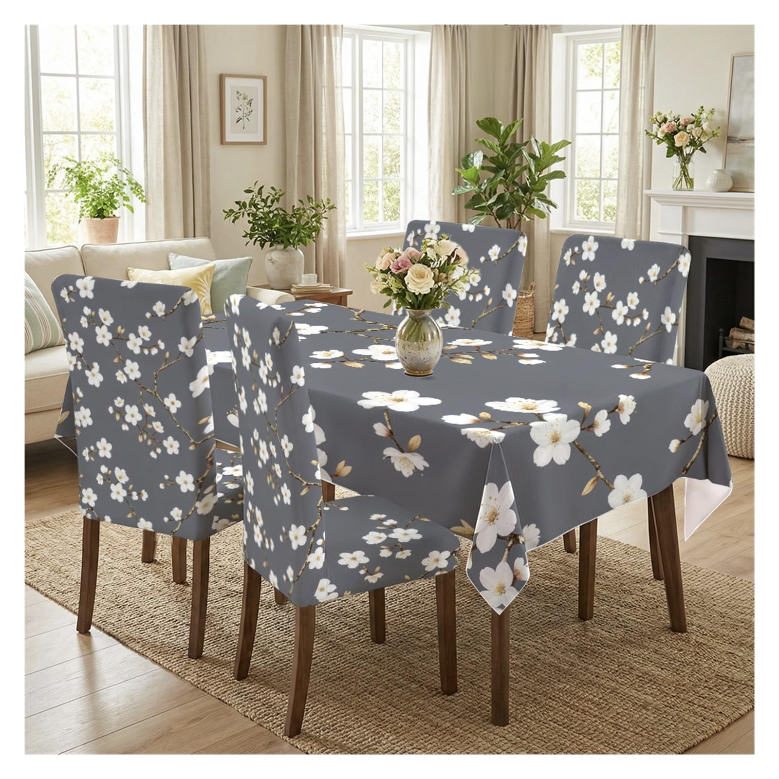 KXUAUV Gray Cherry Blossom Print Stretch Dining Chair Covers Tablecloth Set, For Kitchen Dining Living Room Farmhouse Decor, 5/7 Pack Party Decor(5pcs Set: Tablecloth+Chair Covers)