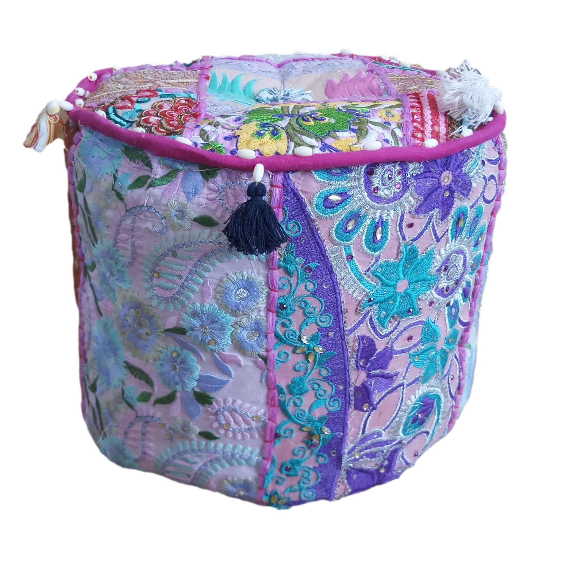 PUSHPACRAFTSOttoman Pouf Indian Bohemian Style Interior Decor Footstool Floor Pillow Indian Embroidered Pouf Pouffe Patchwork Chair for kids PINK