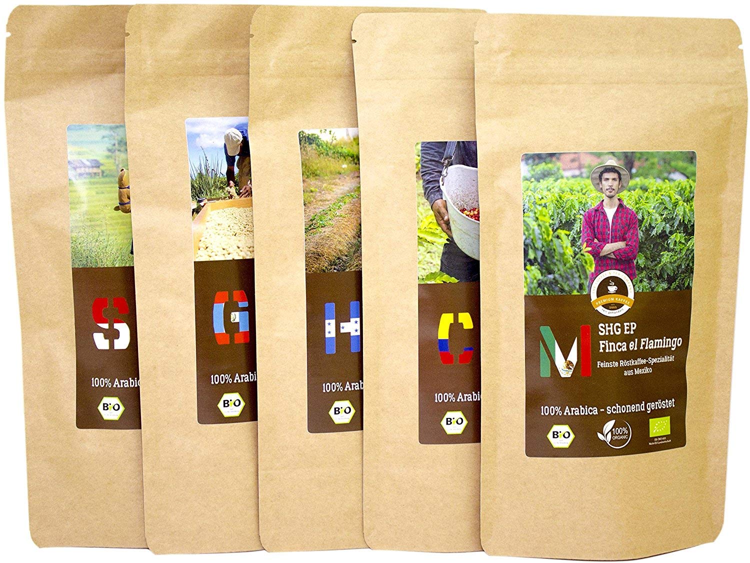 Kaffee Globetrotter - Bio 5 x 1 kg Sparpaket Probierpaket (Ganze Bohnen) - für Vollautomaten - 5 Sorten Raritäten Spitzenkaffee aus Biologischem Anbau (Ganze Bohnen)