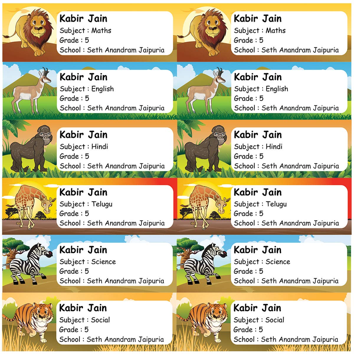 PERSONALISED BOOK LABEL STICKERS | Name Labels For Kids School Note Books | Animals Design - 50 nos