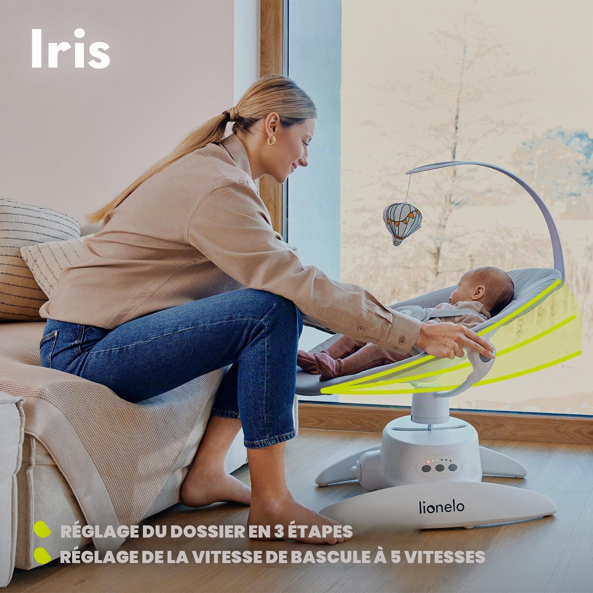 LIONELO Iris Transat Balancelle Électrique Pivotante 360 o pour Bébés jusqu'à 9 kg Dossier Réglable, 5 vitesses de Balancement, Sangles de Sécurité Antidérapantes