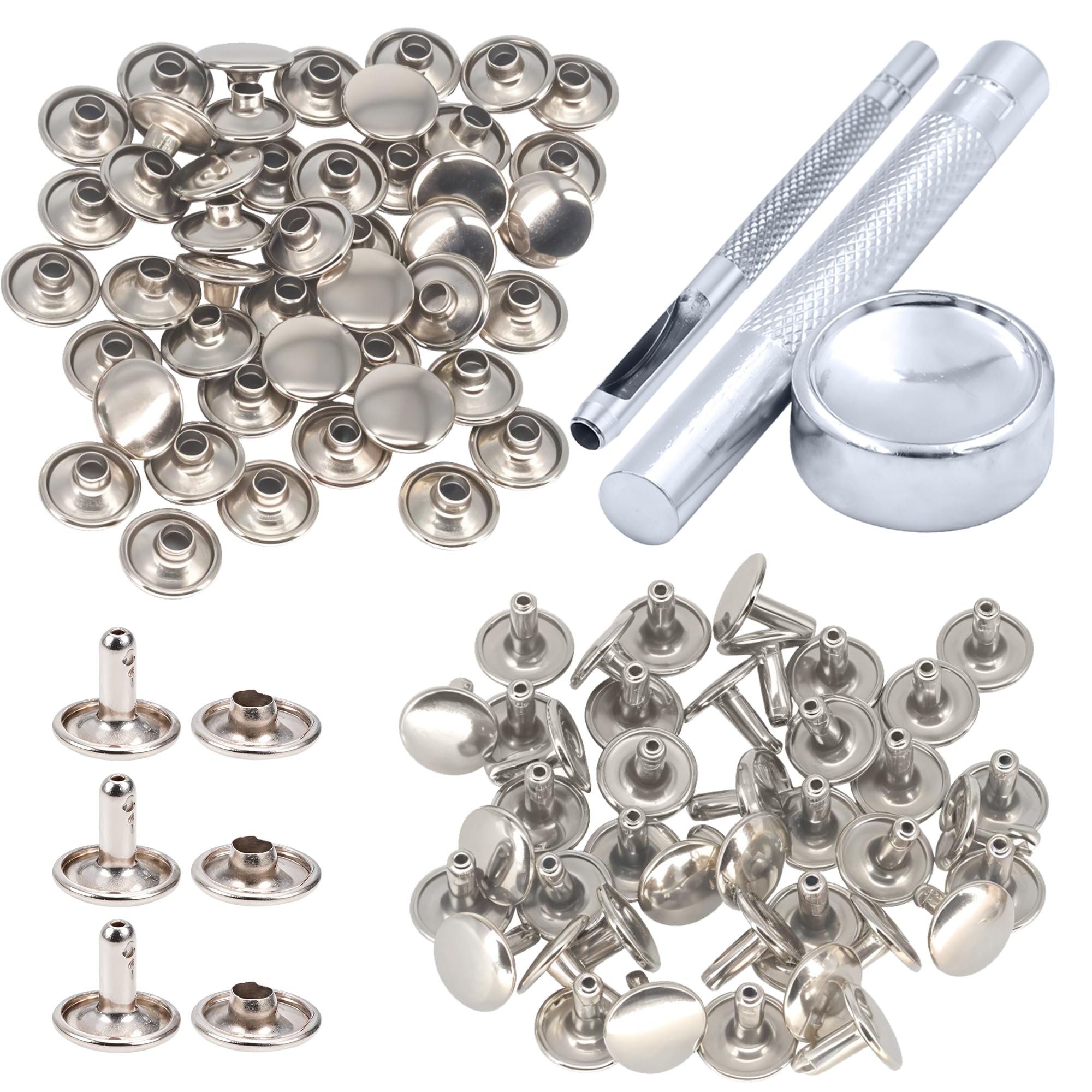 WedDecor Double Cap Tubular Rivets Studs & Tool Kit for Leathercraft, Bags, Belts, Dog Collar, Footwear, Fabric Decoration, DIY Craft Projects, 10mm, Silver, 100pcs