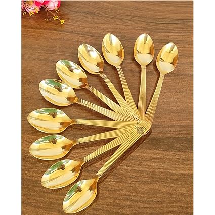 INDIAN ART VILLA Premium Brass Dessert Spoon Set with Lining Design, Perfect for Home, Kitchen, or Restaurant Use, 7 Inch Length (Pack of 10)