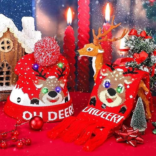 Miniatura 2 de Gorros de Navidad con luz LED, bufanda de punto, gorro de Navidad para adultos y niños, gorro de Navidad cálido para invierno