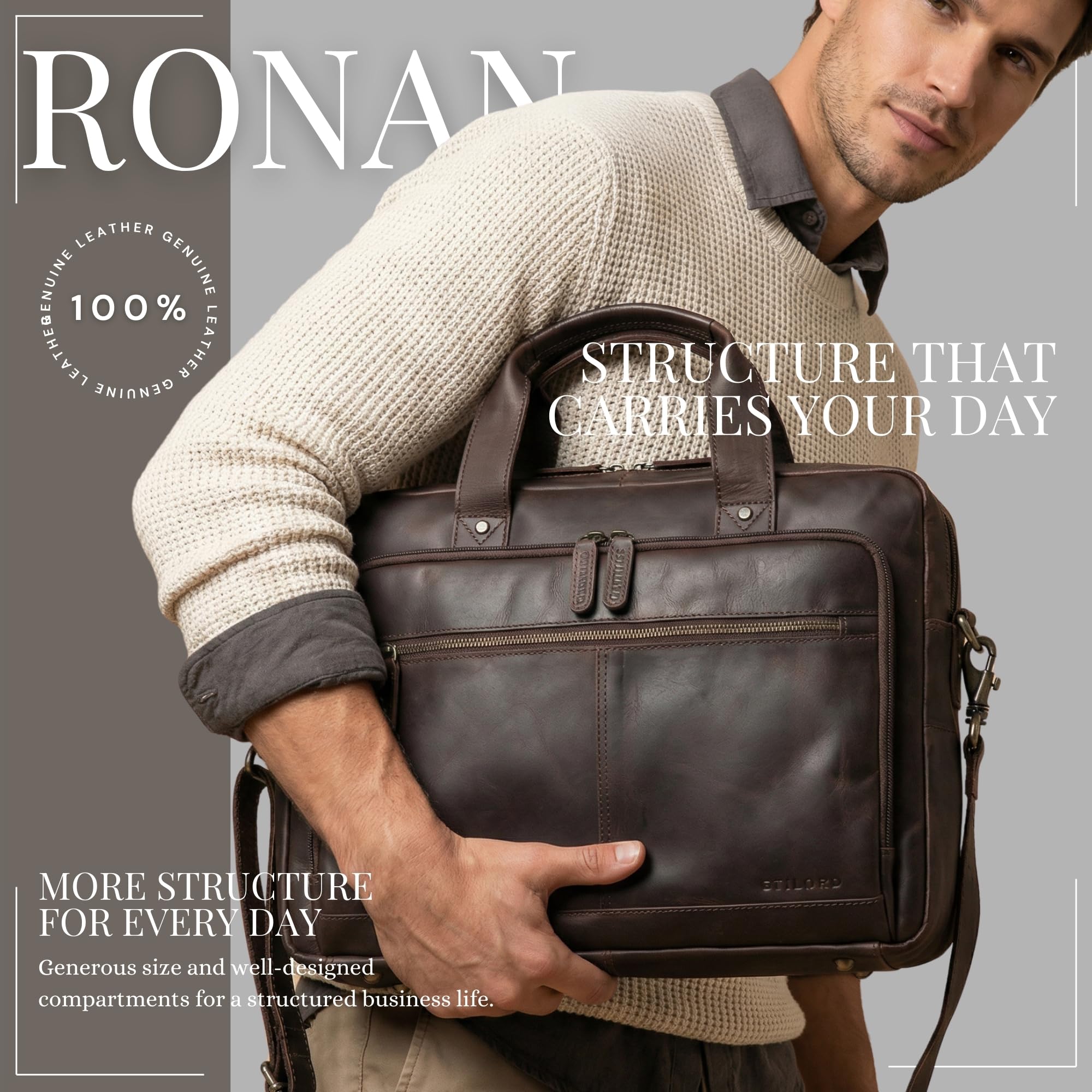 STILORD "Ronan Business Aktentasche Herren Leder Groß Dokumententasche A4 Ledertasche Echtleder - Premium Laptoptasche 16 Zoll Arbeitstasche abnehmbarer Schultergurt Farbe:schwarz