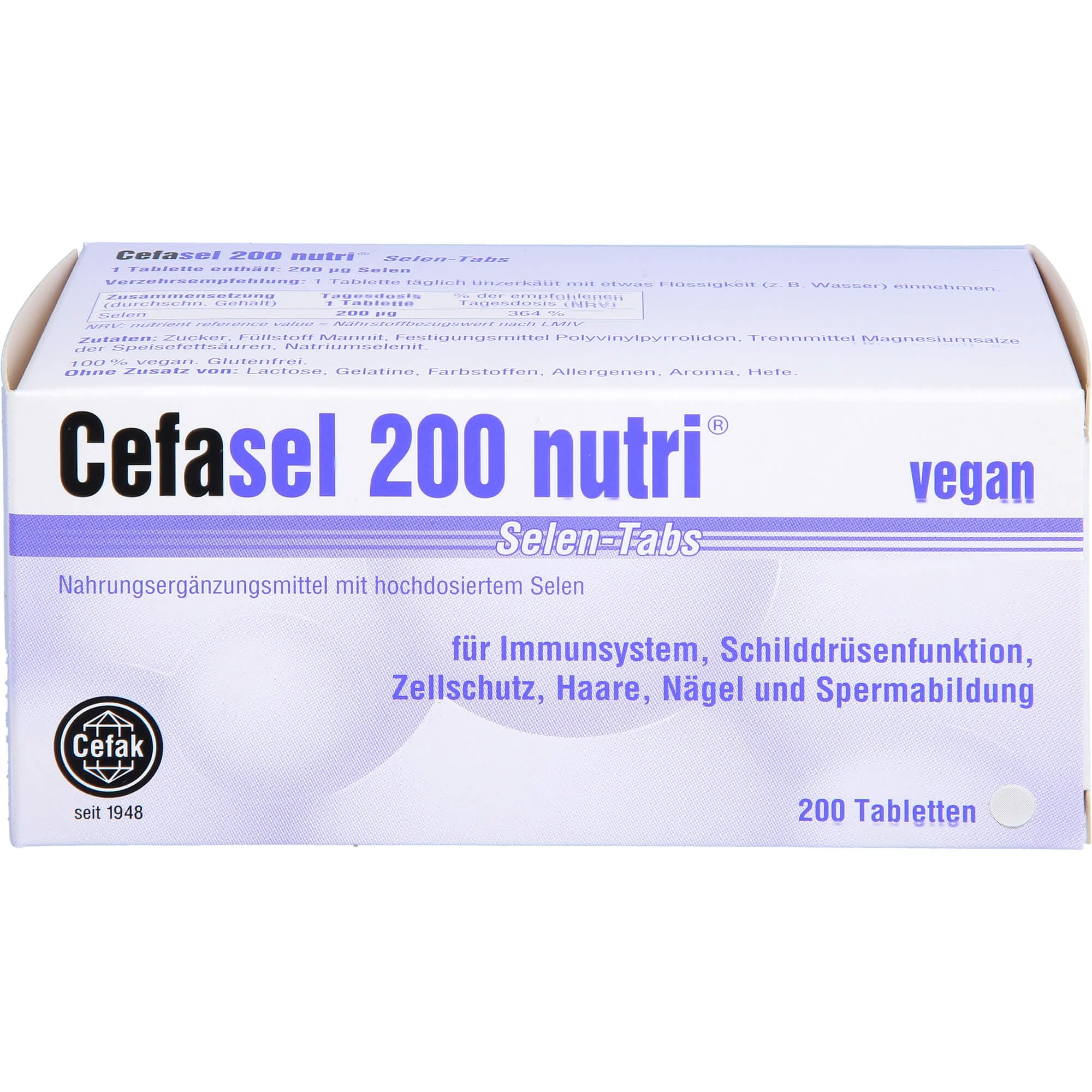 Cefasel 200 nutri Selen-Tabs Tabletten für Immunsystem, Schilddrüsenfunktion, Zellschutz, Haare, Nägel und Spermabildung, 200 St. Tabletten
