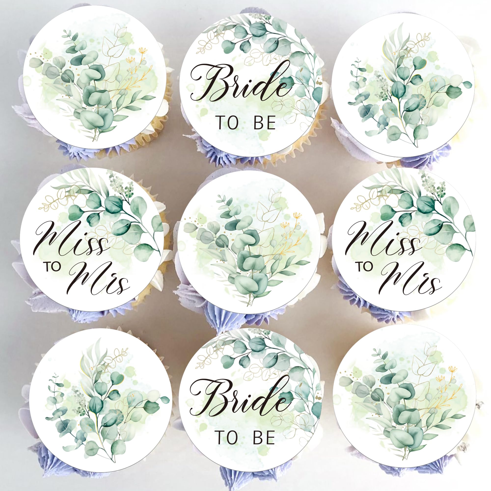 SYKYCTCY 60 Pack Edible Bride to Be Cupcake Toppers Edible Circle Miss to Mrs Cupcake Picks Green Leaves Cake Decorations for Bridal Shower Engagement Married Wedding Party Supplies