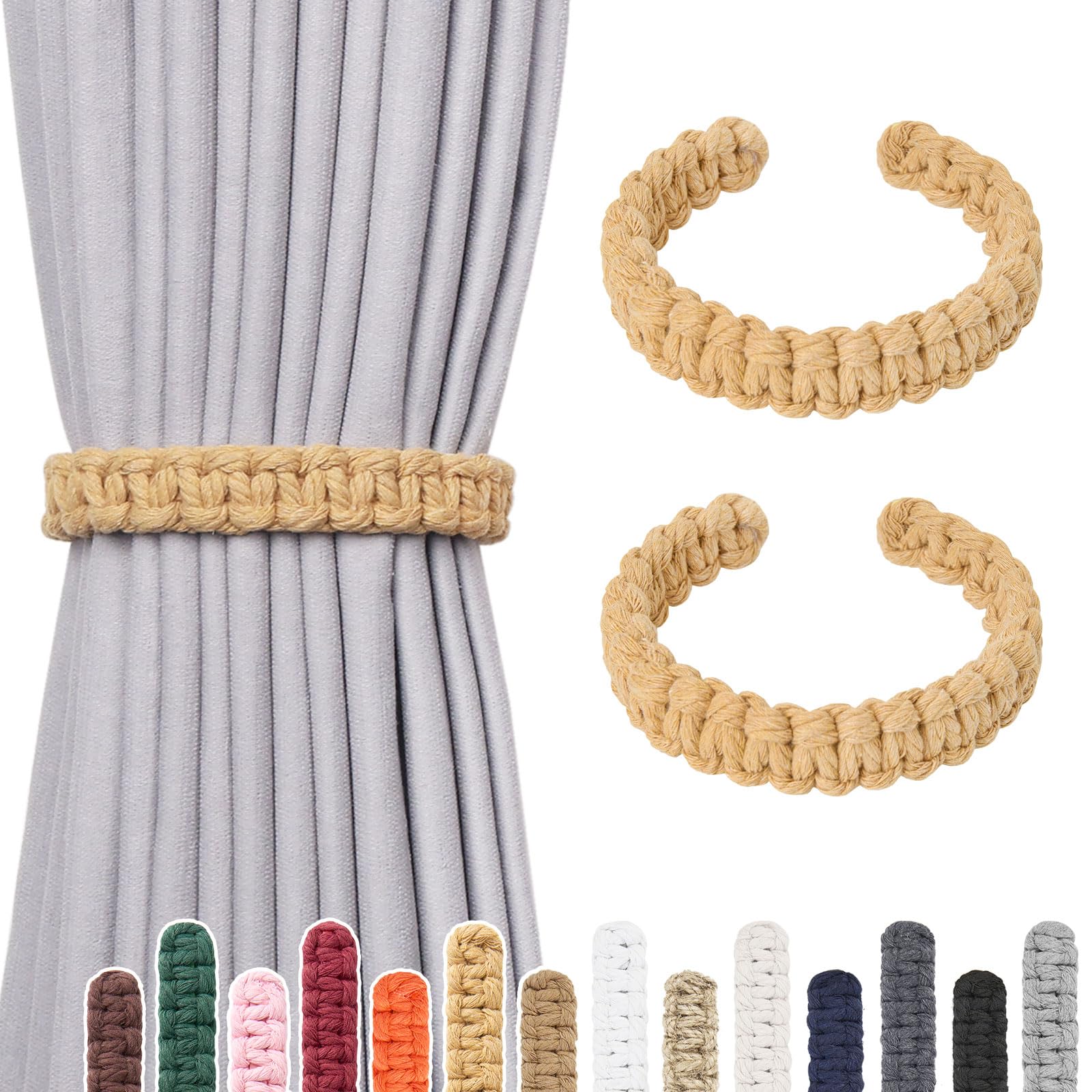 Pretty Jolly 2 Pack Natural Cotton Rope Curtain Tiebacks Farmhouse Rustic Style Decorative Drape Tie Backs Handmade Braided Curtain Holdbacks for Home Sheer/Light Weight Drapery (C-khaki-L)